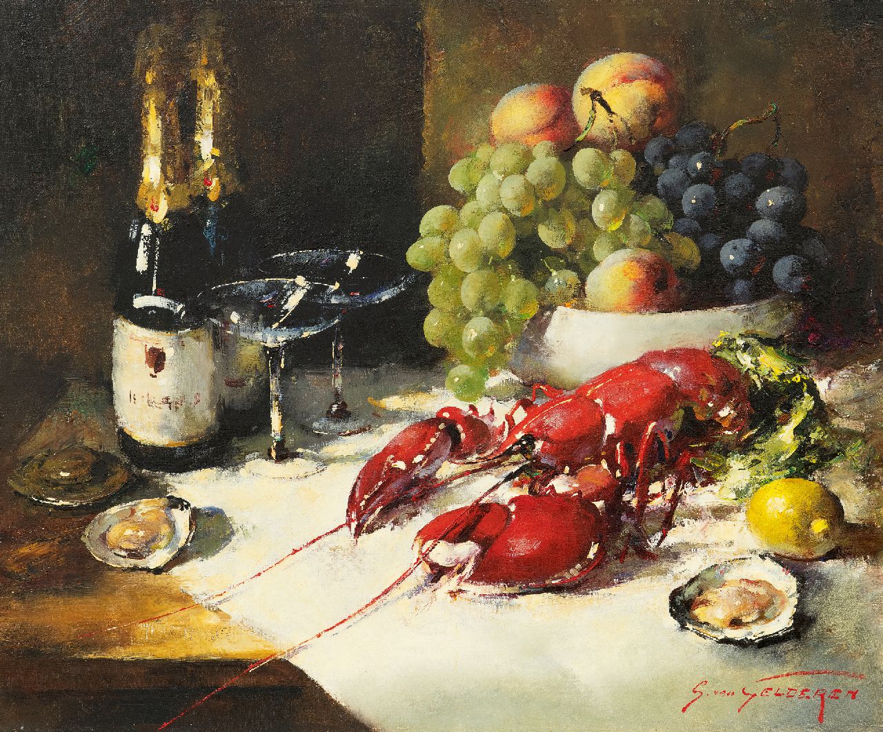Gelderen S. van | Simon van Gelderen, Stilleven met champagne, schaaldieren en fruit, olieverf op doek 50,3 x 60,2 cm, gesigneerd rechtsonder Gelderen S. van | Simon van Gelderen, Stilleven met champagne, schaaldieren en fruit, olieverf op doek 50,3 x 60,2 cm, gesigneerd rechtsonder