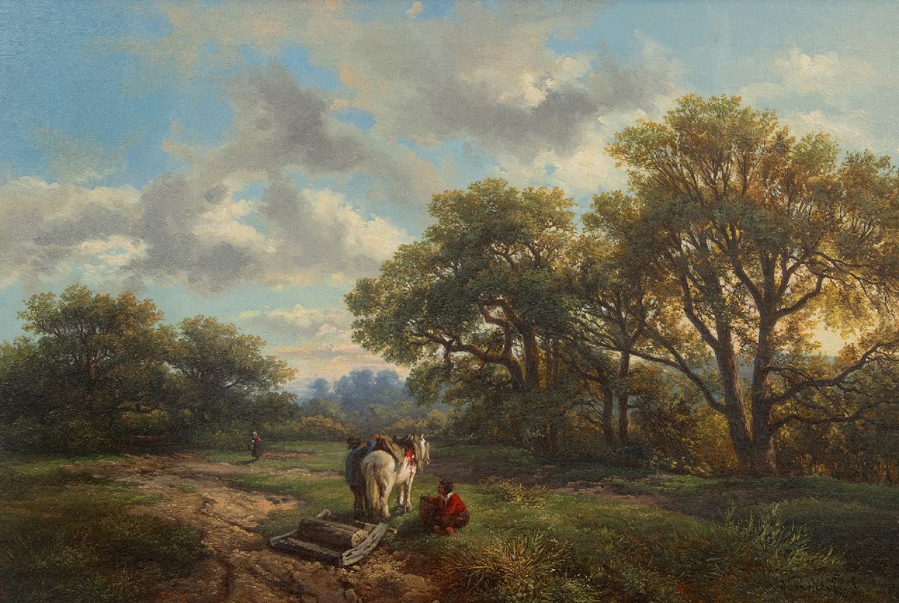 Roelofs W.  | Willem Roelofs, Aan de bosrand, olieverf op doek 48,4 x 69,0 cm, gesigneerd rechtsonder en te dateren ca. 1850