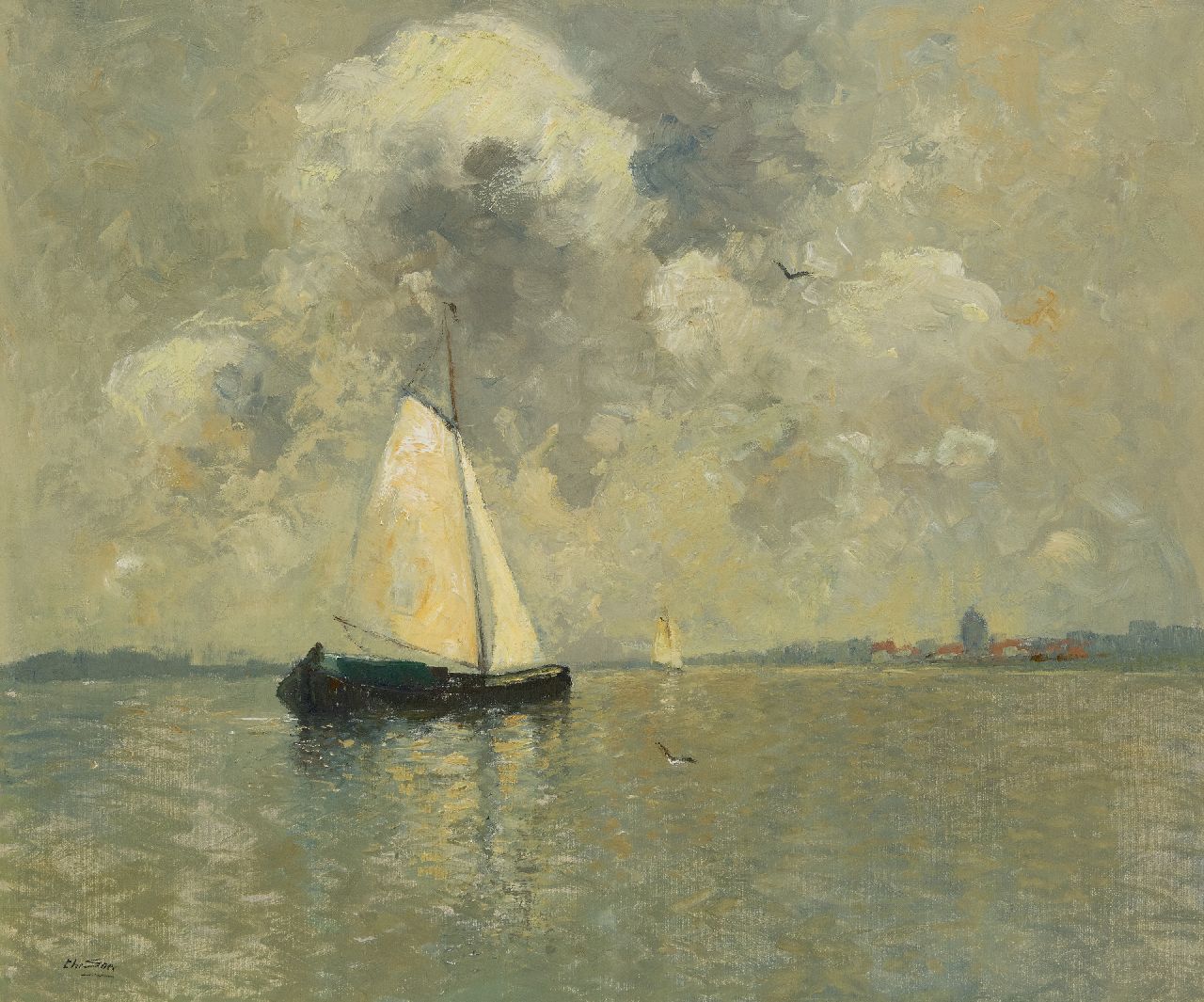 Soer C. | Christiaan 'Chris' Soer, Zeilende tjalk, olieverf op doek op paneel 62,5 x 74,9 cm, gesigneerd linksonder Soer C. | Christiaan 'Chris' Soer, Zeilende tjalk, olieverf op doek op paneel 62,5 x 74,9 cm, gesigneerd linksonder