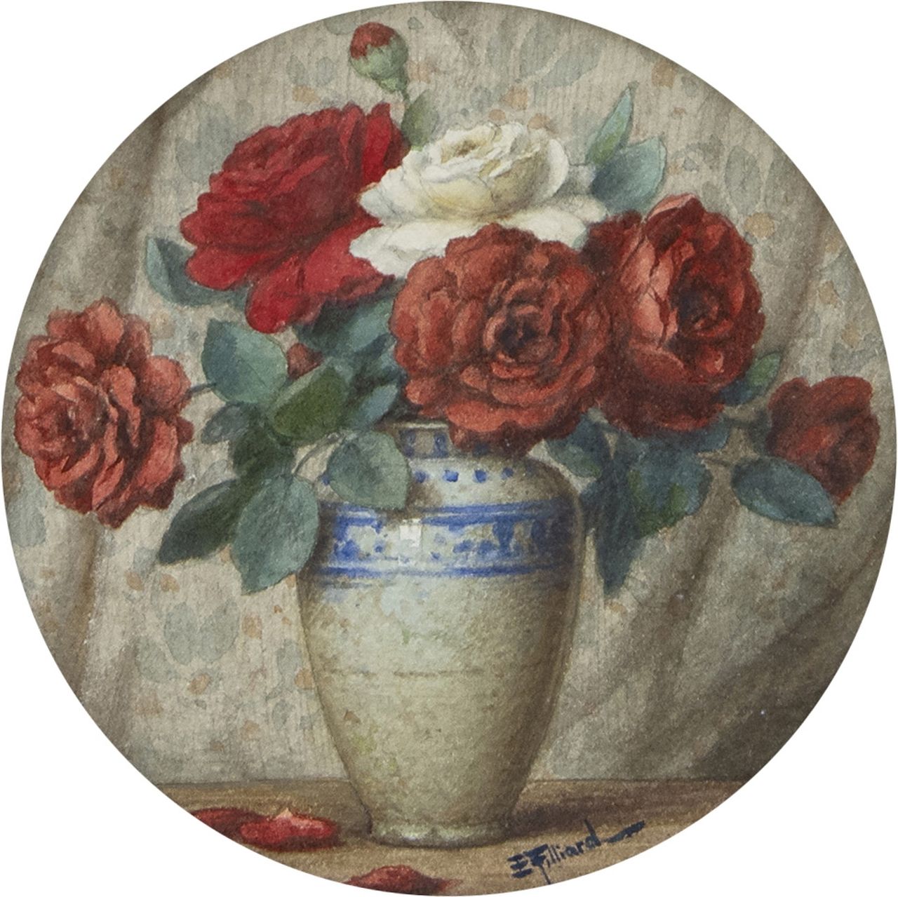 Filliard E. | Ernest Filliard, Stilleven met rozen, aquarel op papier 14,2 x 14,2 cm, gesigneerd rechtsonder Filliard E. | Ernest Filliard, Stilleven met rozen, aquarel op papier 14,2 x 14,2 cm, gesigneerd rechtsonder