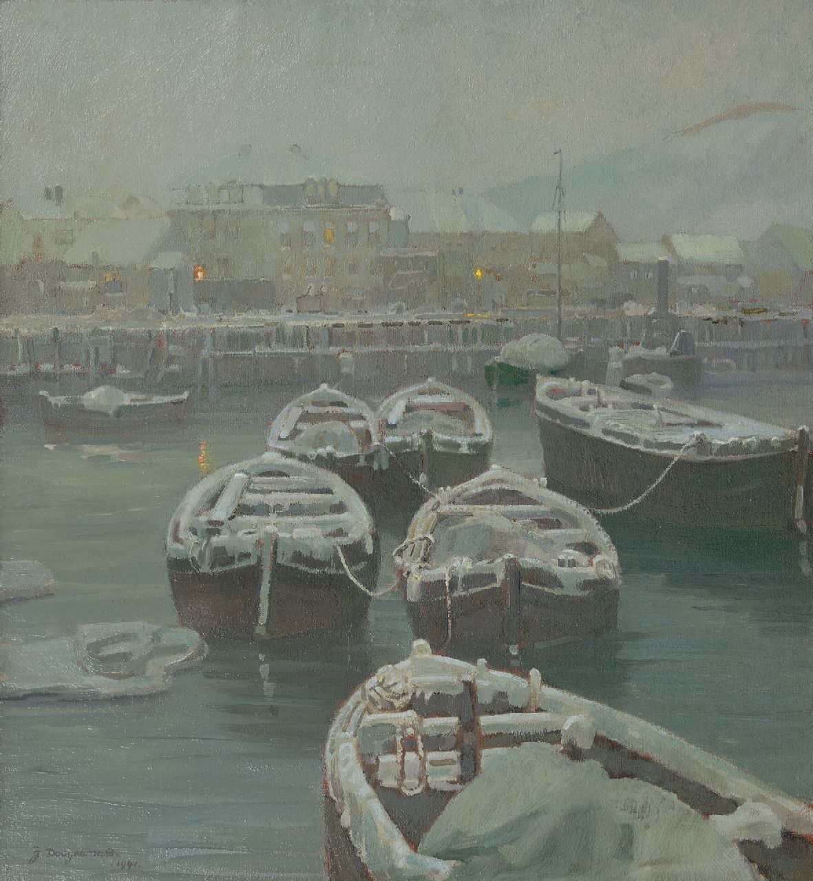 Dooijewaard J. | Jacob 'Jaap' Dooijewaard | Schilderijen te koop aangeboden | Gezicht op Elvehavn, Trondheim, olieverf op doek 61,1 x 56,5 cm, gesigneerd linksonder en verso met initialen en op spieraam gedateerd 1941 Dooijewaard J. | Jacob 'Jaap' Dooijewaard | Schilderijen te koop aangeboden | Gezicht op Elvehavn, Trondheim, olieverf op doek 61,1 x 56,5 cm, gesigneerd linksonder en verso met initialen en op spieraam gedateerd 1941