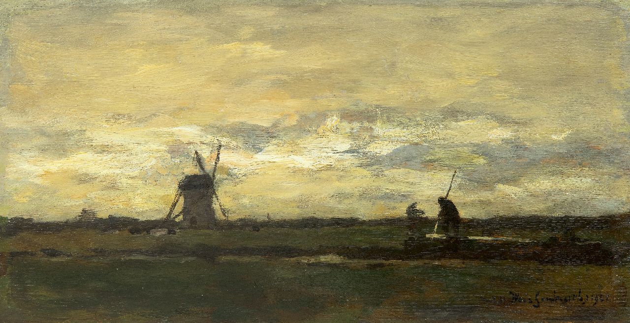 Weissenbruch H.J. | Hendrik Johannes 'J.H.' Weissenbruch, Landschap met punterende boer en molen, olieverf op paneel 16,2 x 31,2 cm, gesigneerd rechtsonder en gedateerd 1901 Weissenbruch H.J. | Hendrik Johannes 'J.H.' Weissenbruch, Landschap met punterende boer en molen, olieverf op paneel 16,2 x 31,2 cm, gesigneerd rechtsonder en gedateerd 1901
