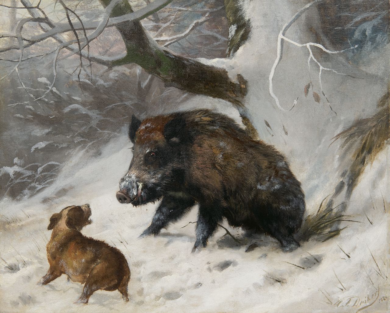 Deiker C.F.  | Carl Friedrich Deiker, Jachthond met wild zwijn, olieverf op doek 40,2 x 49,8 cm, gesigneerd rechtsonder en gedateerd 1888