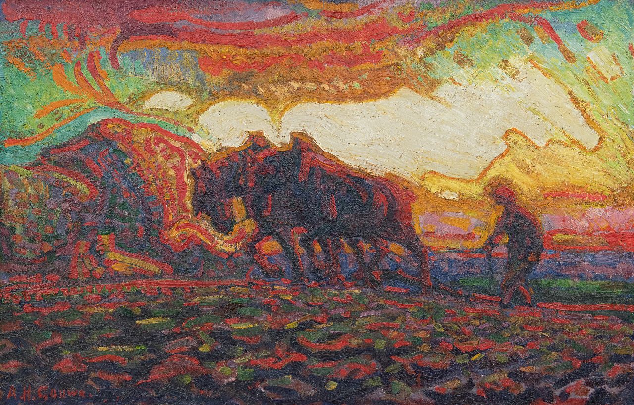 Gouwe A.H. | Adriaan Herman Gouwe, Ploegende boer, olieverf op doek 31,4 x 48,4 cm, gesigneerd linksonder en te dateren ca. 1910-1915 Gouwe A.H. | Adriaan Herman Gouwe, Ploegende boer, olieverf op doek 31,4 x 48,4 cm, gesigneerd linksonder en te dateren ca. 1910-1915
