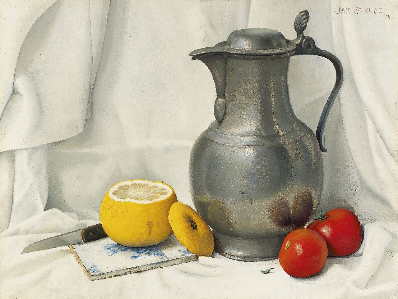 Strube J.H.  | Johan Hendrik 'Jan' Strube | Schilderijen te koop aangeboden | Stilleven met tinnen kan, citroen en tomaten, olieverf op paneel 31,1 x 40,8 cm, gesigneerd rechtsboven en gedateerd '53