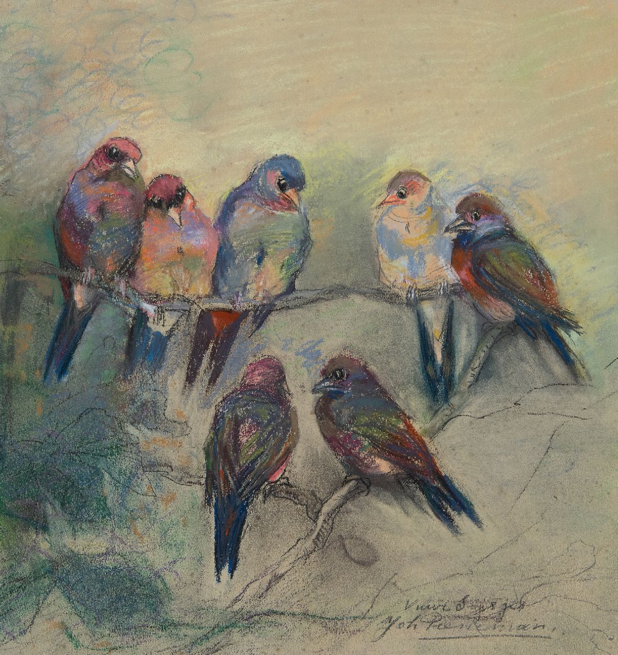Pieneman J.H. | 'Johanna' Hendrika Pieneman, Vuurhaantjes, pastel op papier 29,4 x 27,7 cm, gesigneerd rechtsonder Pieneman J.H. | 'Johanna' Hendrika Pieneman, Vuurhaantjes, pastel op papier 29,4 x 27,7 cm, gesigneerd rechtsonder