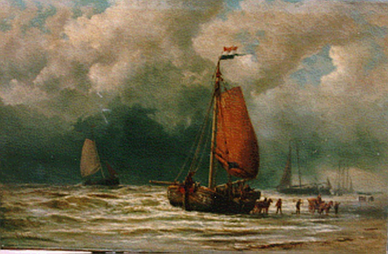 Kiers G.L.  | George Lourens Kiers, Uitladen van bomschuiten op het strand, olieverf op doek 63,5 x 95,5 cm, gesigneerd linksonder
