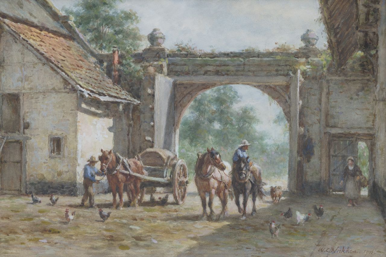 Nakken W.K.  | Willem Karel 'W.C.' Nakken, Boerenerf met werkvolk, paarden en kippen, aquarel op papier 40,0 x 55,0 cm, gesigneerd rechtsonder en gedateerd 1906