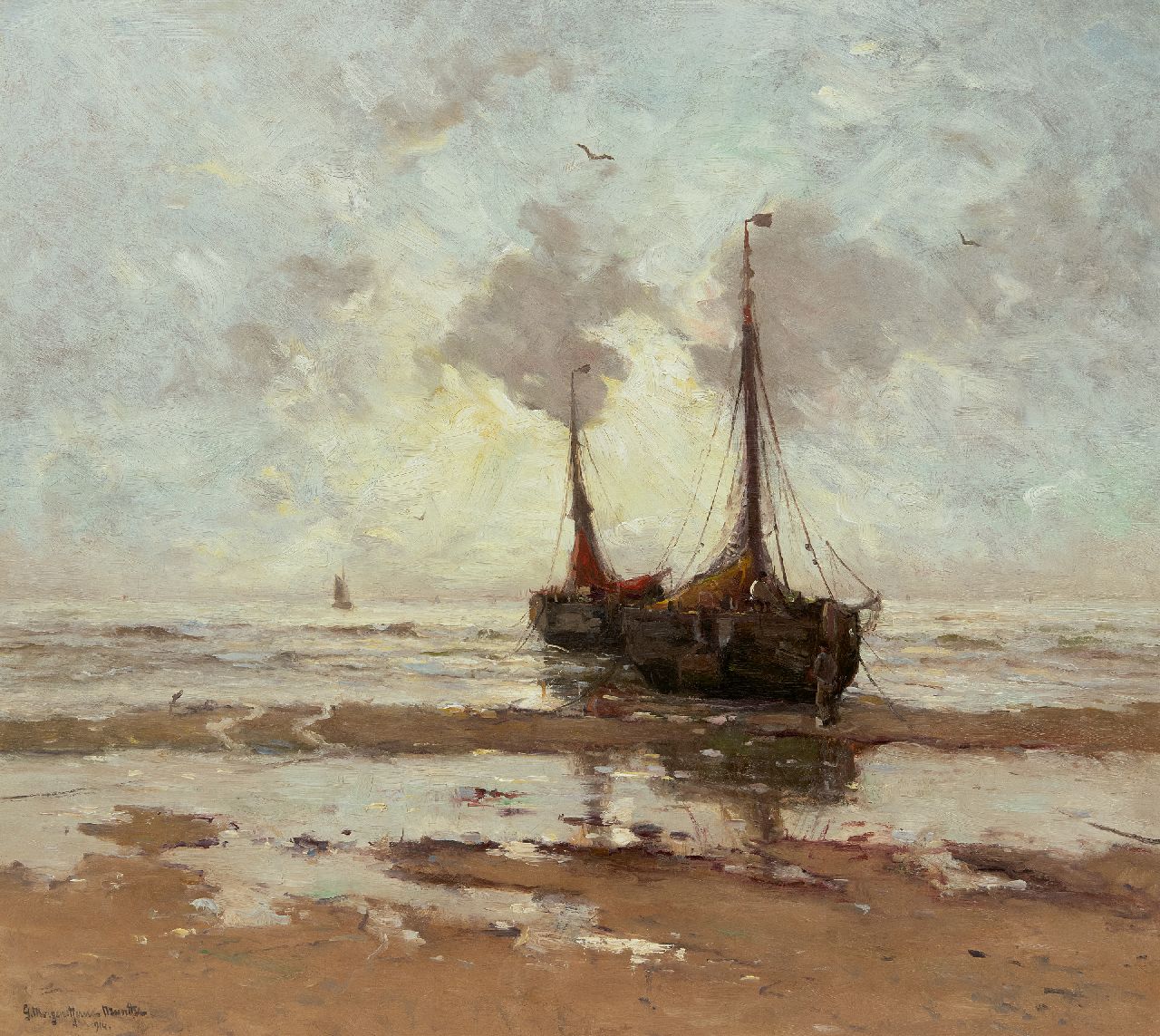 Munthe G.A.L. | Gerhard Arij Ludwig 'Morgenstjerne' Munthe, Bomschuiten voor anker op het strand, olieverf op doek 57,0 x 64,3 cm, gesigneerd linksonder en gedateerd 1914 Munthe G.A.L. | Gerhard Arij Ludwig 'Morgenstjerne' Munthe, Bomschuiten voor anker op het strand, olieverf op doek 57,0 x 64,3 cm, gesigneerd linksonder en gedateerd 1914