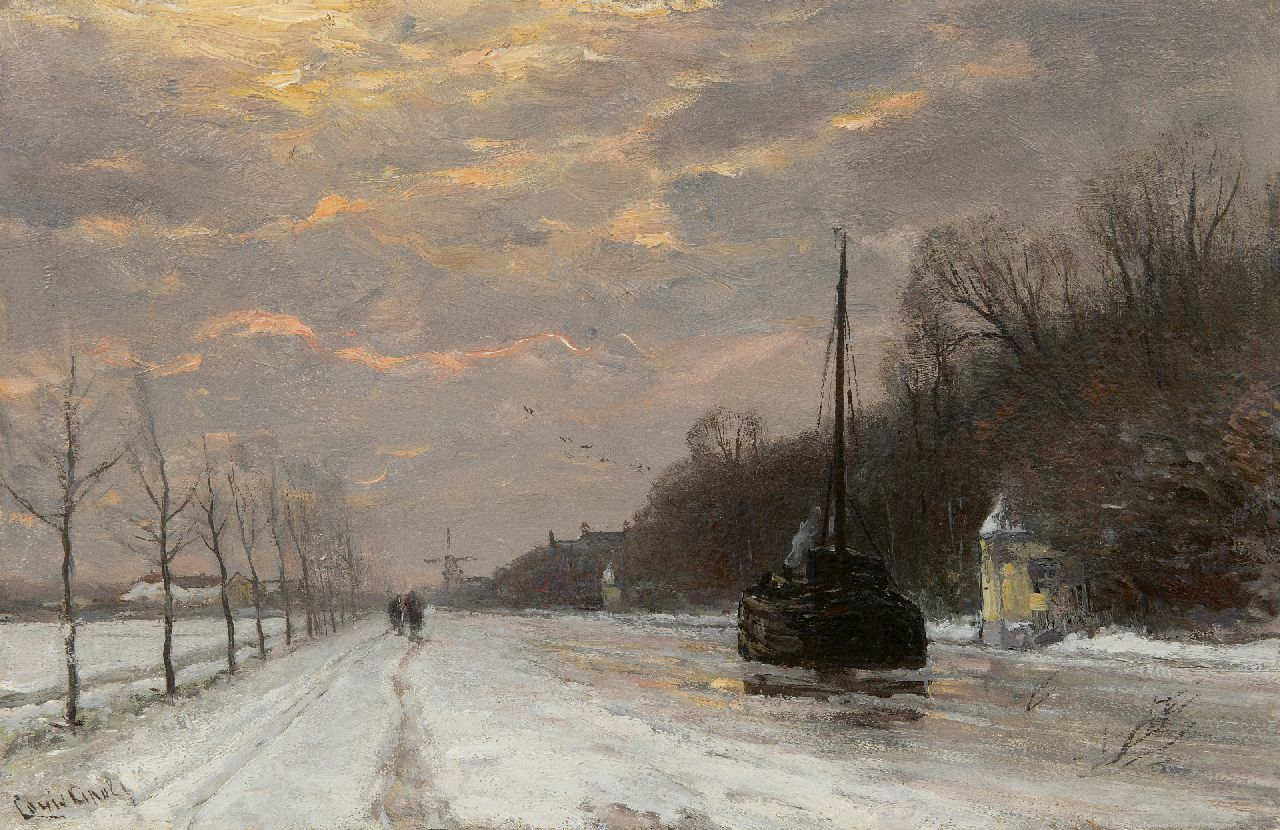 Apol L.F.H. | Lodewijk Franciscus Hendrik 'Louis' Apol, Vrachtvaart op de winterse Vecht, olieverf op paneel 27,5 x 42,1 cm, gesigneerd linksonder Apol L.F.H. | Lodewijk Franciscus Hendrik 'Louis' Apol, Vrachtvaart op de winterse Vecht, olieverf op paneel 27,5 x 42,1 cm, gesigneerd linksonder
