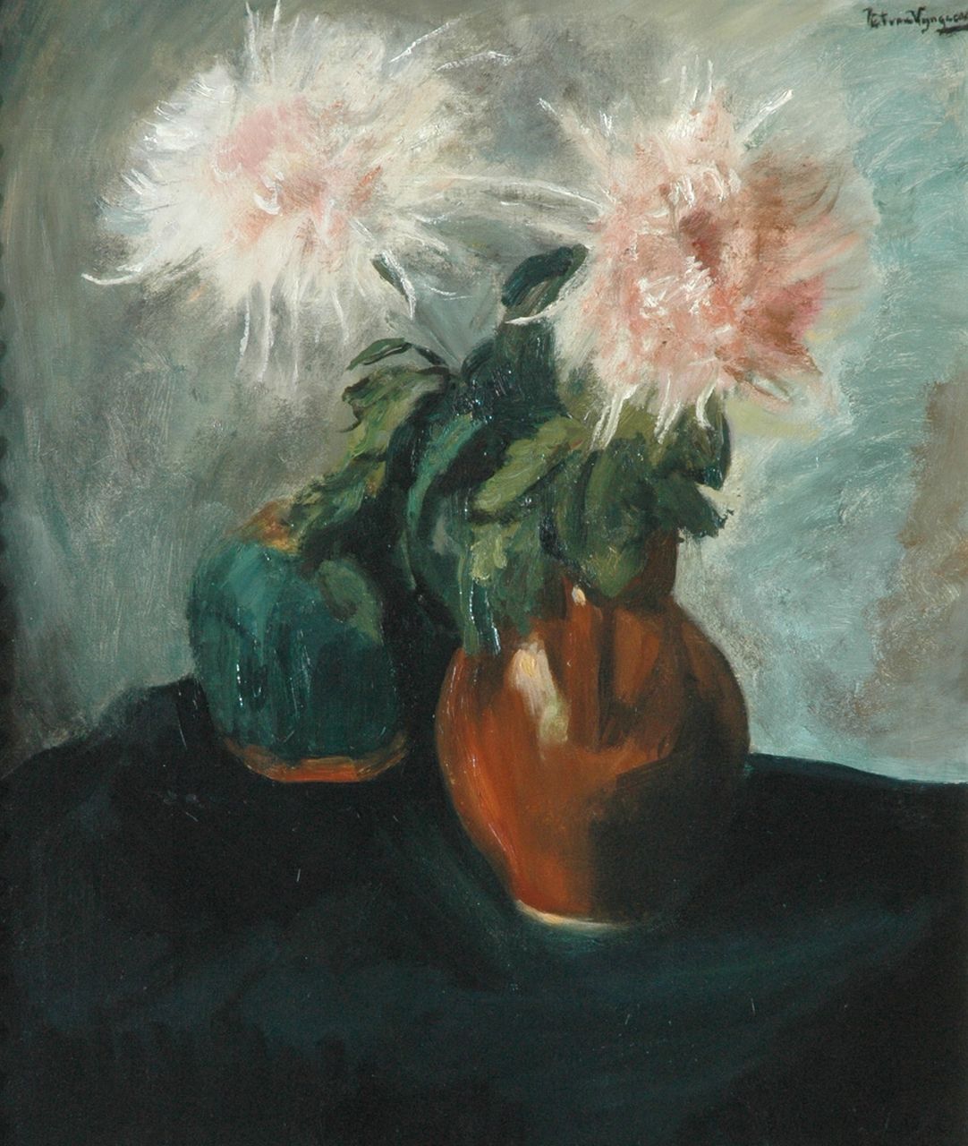 Wijngaerdt P.T. van | Petrus Theodorus 'Piet' van Wijngaerdt | Schilderijen te koop aangeboden | Chrysanten, olieverf op doek 80,0 x 68,2 cm, gesigneerd rechtsboven