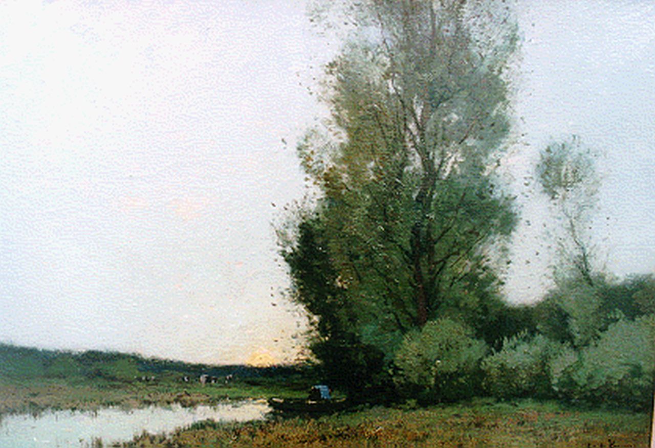 Kuijpers C. | Cornelis Kuijpers, Boer in roeiboot bij zonsopkomst aan de bosrand, olieverf op doek 42,0 x 61,5 cm, gesigneerd rechtsonder Kuijpers C. | Cornelis Kuijpers, Boer in roeiboot bij zonsopkomst aan de bosrand, olieverf op doek 42,0 x 61,5 cm, gesigneerd rechtsonder