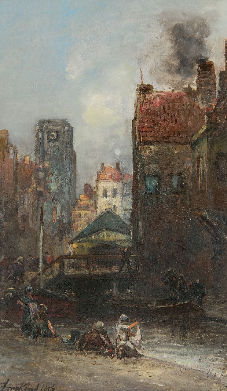 Jongkind J.B.  | Johan Barthold Jongkind | Schilderijen te koop aangeboden | Gezicht op de Weezenbrug en Vlasmarkt, Rotterdam, olieverf op paneel 37,5 x 22,3 cm, gesigneerd linksonder en gedateerd 1856