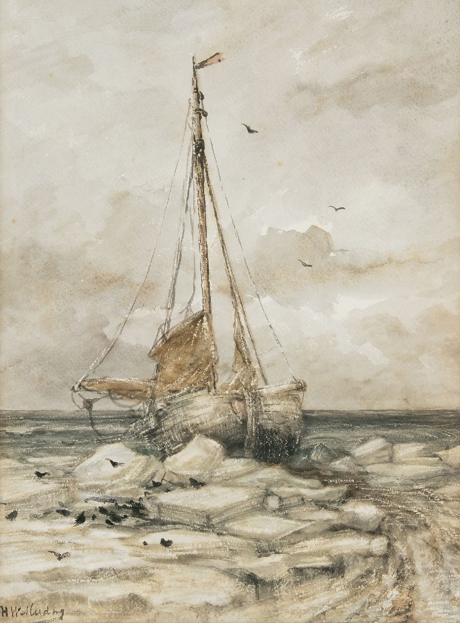 Mesdag H.W. | Hendrik Willem Mesdag, Bomschuit op het strand tussen ijsschotsen, aquarel op papier 53,0 x 39,7 cm, gesigneerd linksonder en te dateren ca. 1891 Mesdag H.W. | Hendrik Willem Mesdag, Bomschuit op het strand tussen ijsschotsen, aquarel op papier 53,0 x 39,7 cm, gesigneerd linksonder en te dateren ca. 1891