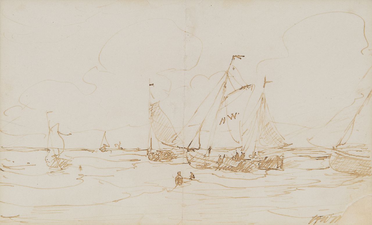 Mesdag H.W. | Hendrik Willem Mesdag, Lijnhaalder en bomschuiten in de branding, pen en inkt op papier 11,5 x 18,0 cm, gesigneerd rechtsonder met initialen Mesdag H.W. | Hendrik Willem Mesdag, Lijnhaalder en bomschuiten in de branding, pen en inkt op papier 11,5 x 18,0 cm, gesigneerd rechtsonder met initialen