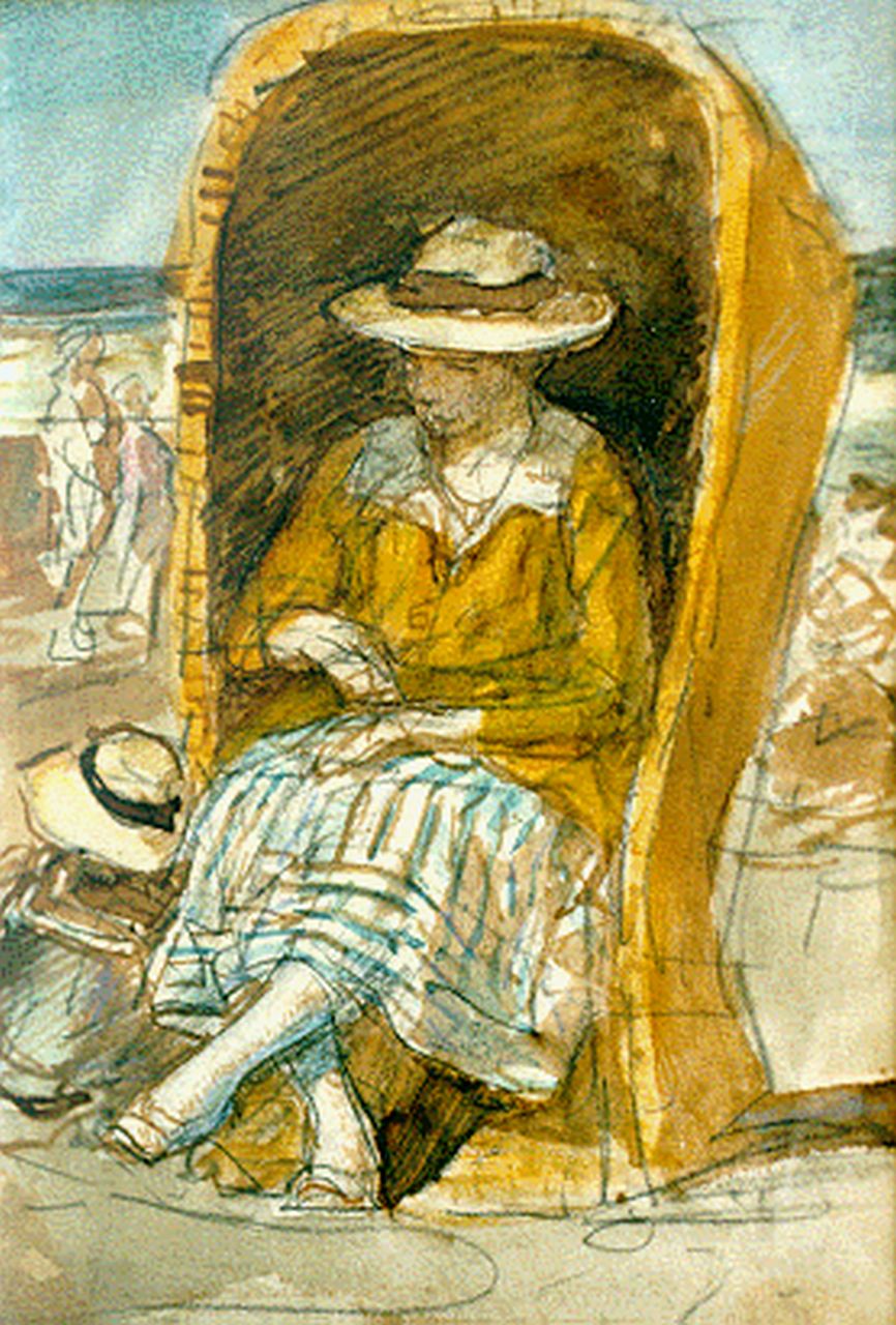 Jonge J.A. de | Johan Antoni de Jonge, Vrouw in strandstoel op 't strand, gemengde techniek op papier 17,8 x 12,0 cm Jonge J.A. de | Johan Antoni de Jonge, Vrouw in strandstoel op 't strand, gemengde techniek op papier 17,8 x 12,0 cm