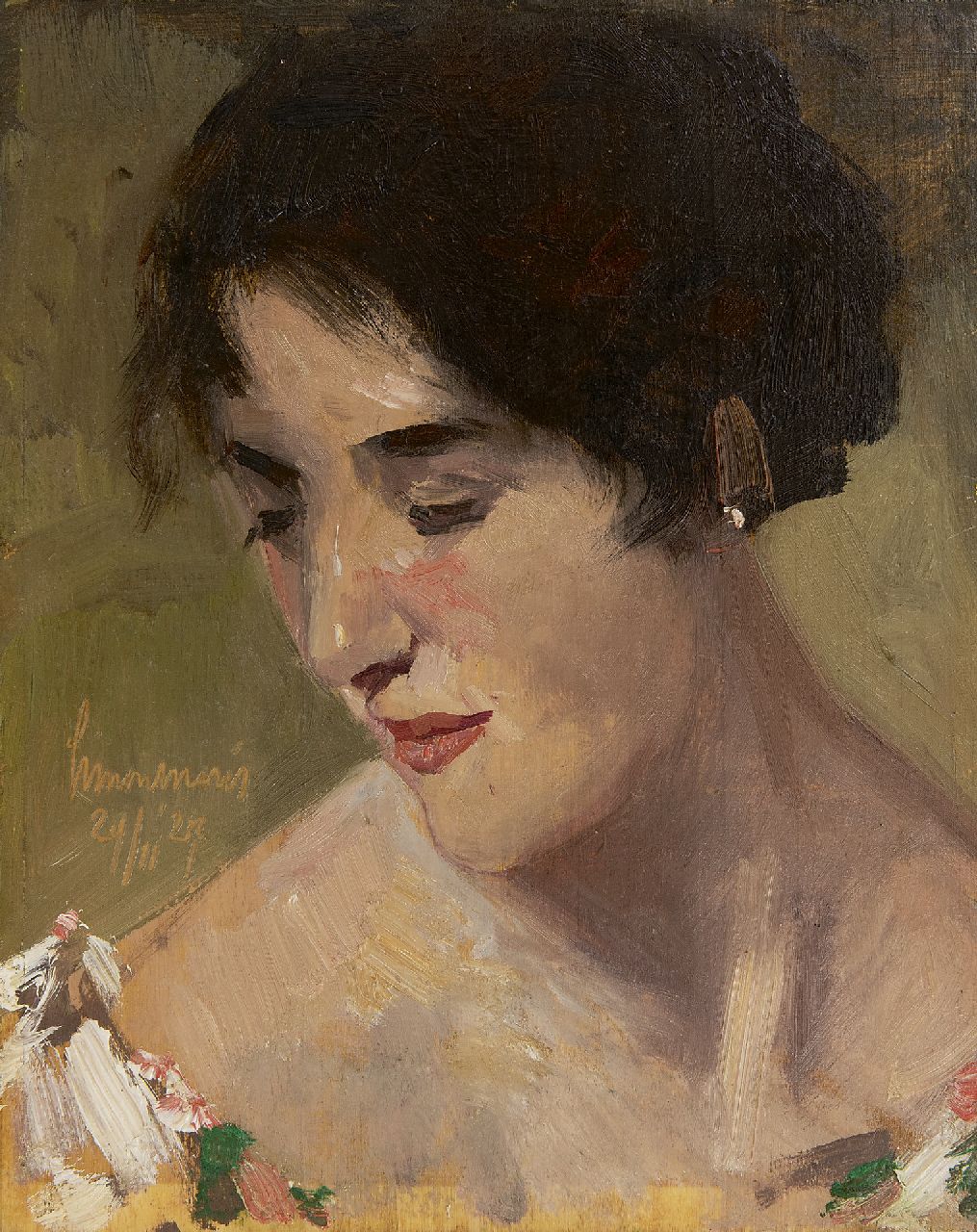 Maris S.W. | Simon Willem Maris, Portret van een vrouw, olieverf op paneel 26,3 x 21,0 cm, gesigneerd links van het midden en gedateerd 24/11 '27 Maris S.W. | Simon Willem Maris, Portret van een vrouw, olieverf op paneel 26,3 x 21,0 cm, gesigneerd links van het midden en gedateerd 24/11 '27