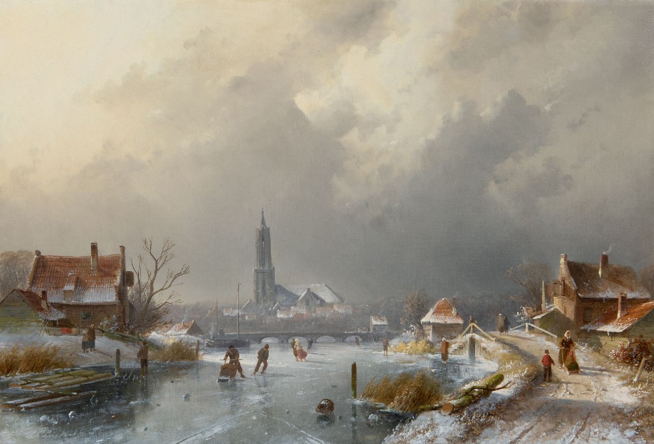 Leickert C.H.J.  | 'Charles' Henri Joseph Leickert, Winterlandschap met schaatsers en een koek-en-zopie, olieverf op doek 45,0 x 65,7 cm, gesigneerd linksonder