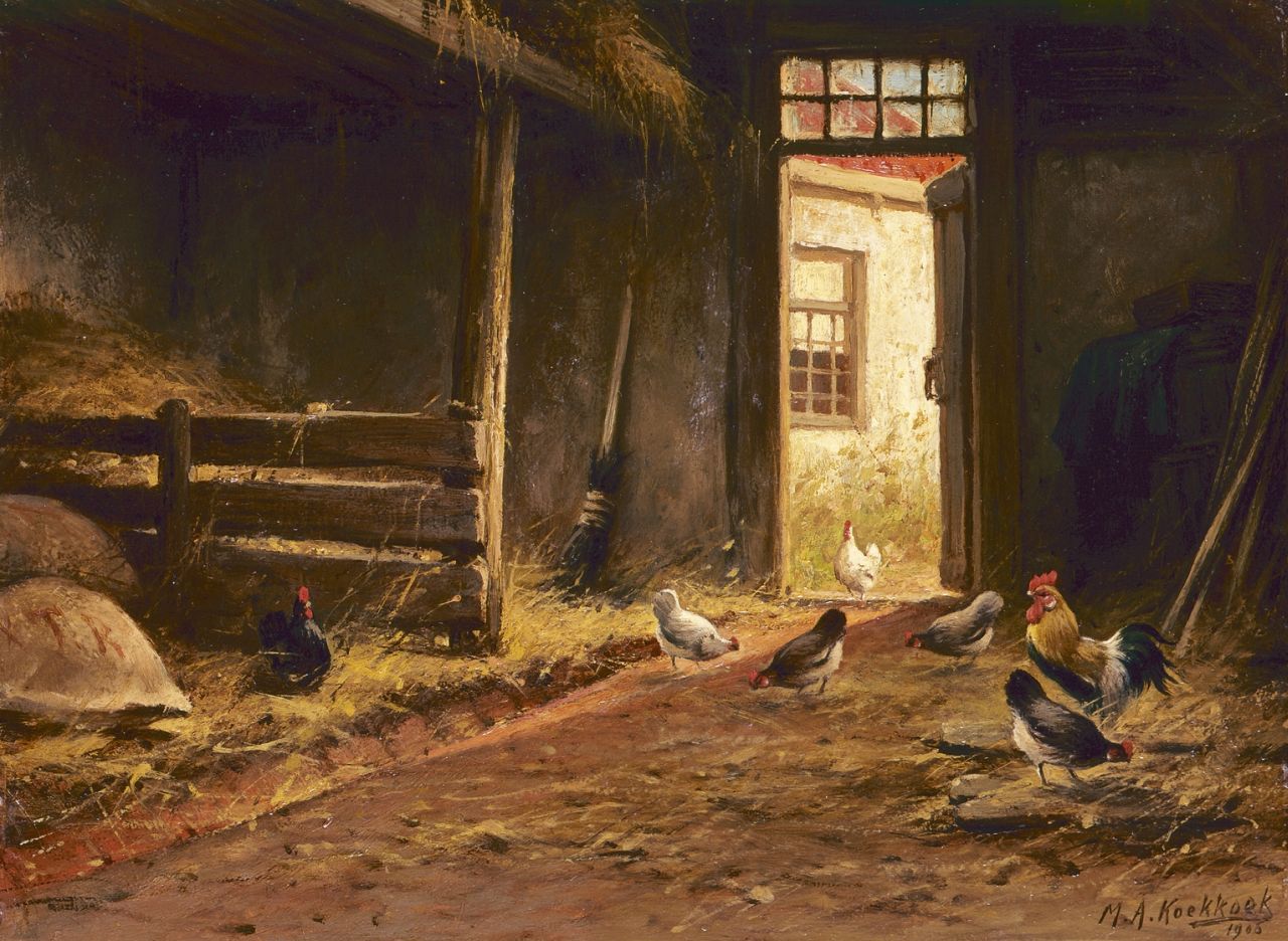 Koekkoek II M.A. | Marinus Adrianus Koekkoek II, Stalinterieur met haan en kippen, olieverf op paneel 24,1 x 32,5 cm, gesigneerd rechtsonder en gedateerd 1905 Koekkoek II M.A. | Marinus Adrianus Koekkoek II, Stalinterieur met haan en kippen, olieverf op paneel 24,1 x 32,5 cm, gesigneerd rechtsonder en gedateerd 1905