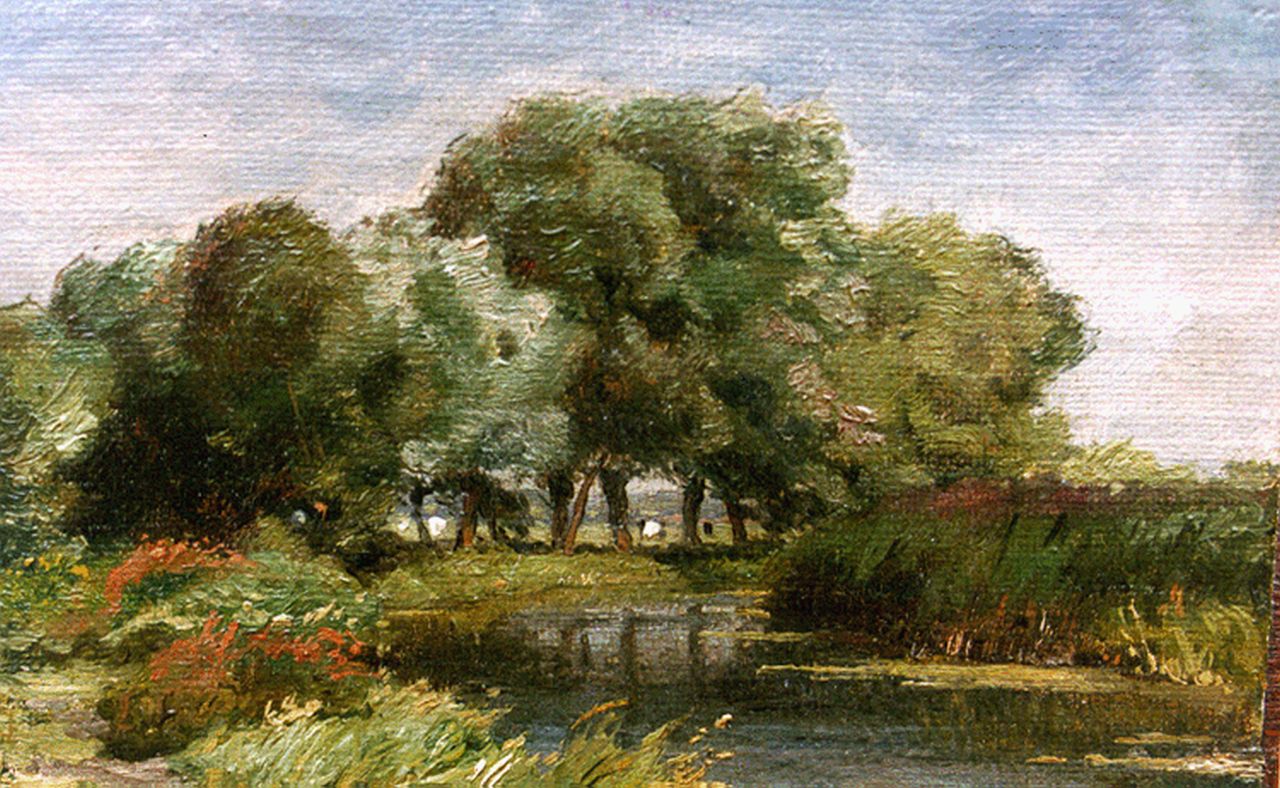 Borselen J.W. van | Jan Willem van Borselen, Boomrijk rivierlandschap, olieverf op doek op paneel 12,8 x 19,4 cm, gesigneerd rechtsondervaag Borselen J.W. van | Jan Willem van Borselen, Boomrijk rivierlandschap, olieverf op doek op paneel 12,8 x 19,4 cm, gesigneerd rechtsondervaag