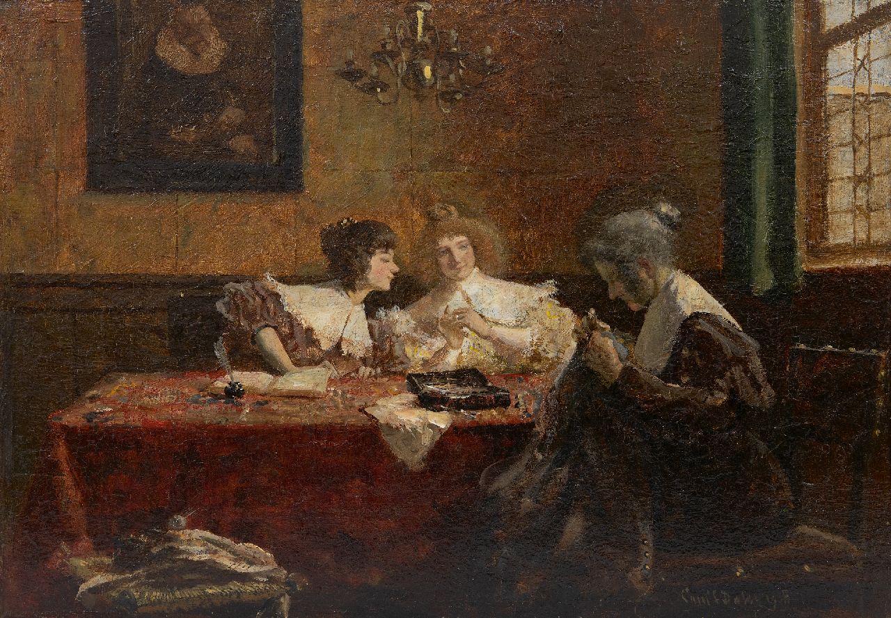 Dake C.L.  | Carel Lodewijk Dake | Schilderijen te koop aangeboden | Drie vrouwen in een interieur, olieverf op paneel 34,9 x 49,1 cm, gesigneerd rechtsonder en gedateerd 1908