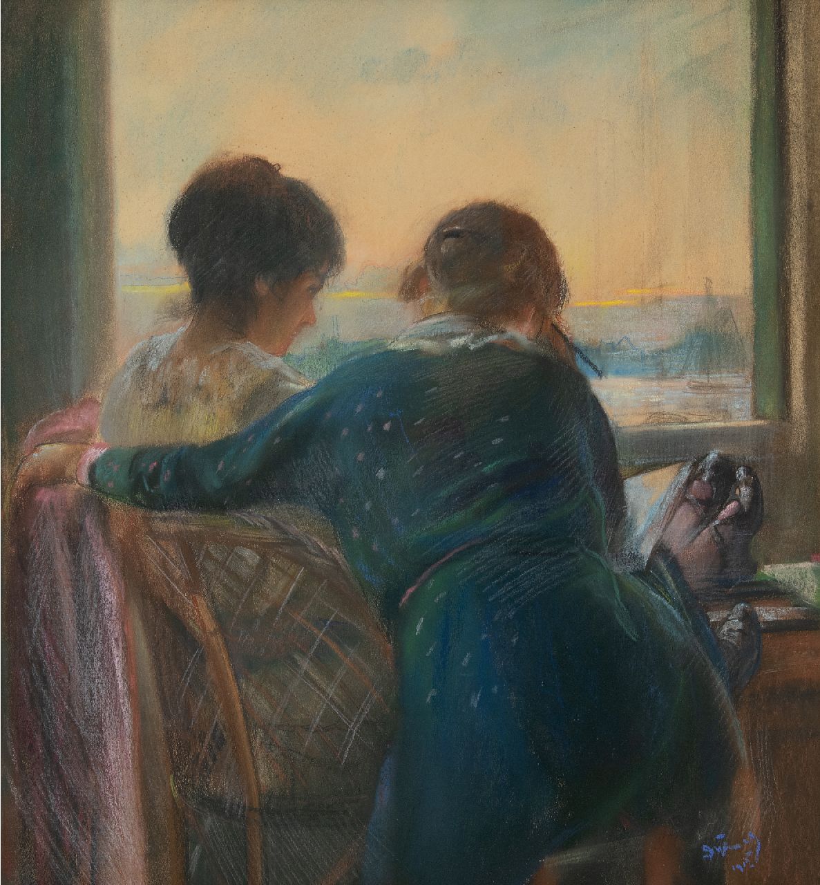 Dijkwel M.  | Mattheus 'Theo' Dijkwel, Twee vrouwen bij het venster, pastel op papier 55,0 x 50,7 cm, gesigneerd rechtsonder en gedateerd 1915