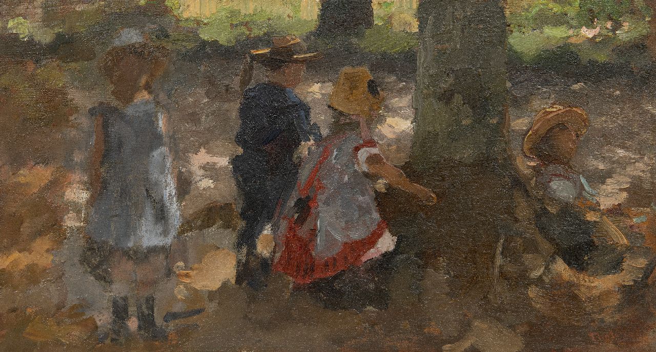 Tholen W.B.  | Willem Bastiaan Tholen, Spelende kinderen in de Scheveningse Bosjes, olieverf op doek op paneel 23,6 x 43,5 cm, gesigneerd rechtsonder