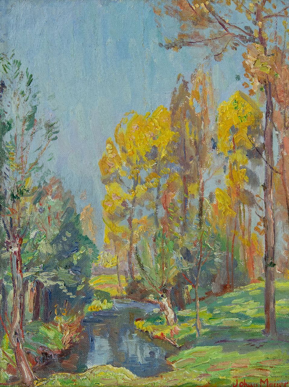 Meijer J.  | Johannes 'Johan' Meijer, Zonnig herfstbos, olieverf op doek op board 29,1 x 22,3 cm, gesigneerd rechtsonder