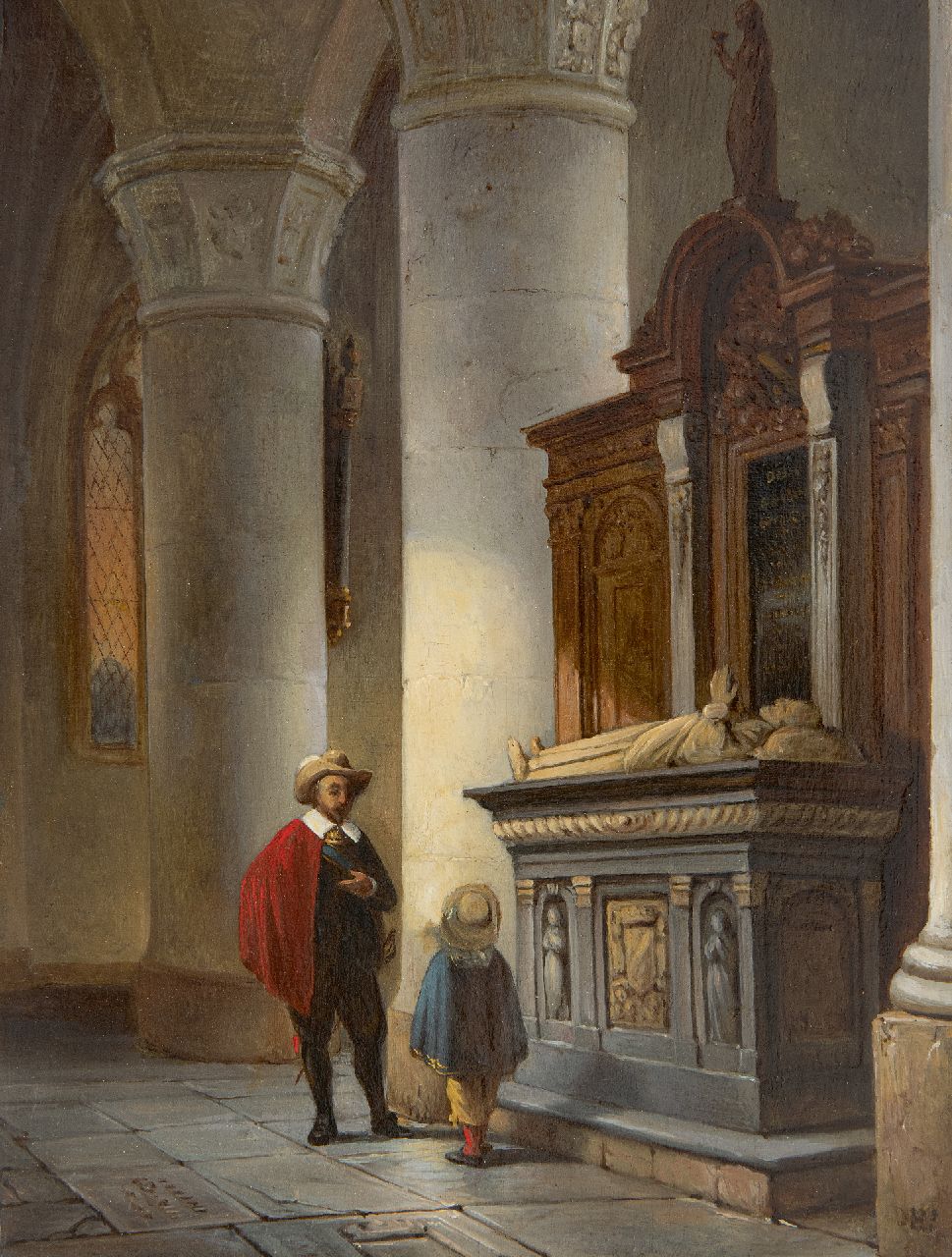 Haanen G.G.  | George Gillis Haanen | Schilderijen te koop aangeboden | Vader en zoon in een kerkinterieur, olieverf op paneel 21,7 x 16,6 cm, gesigneerd rechtsonder met initialen