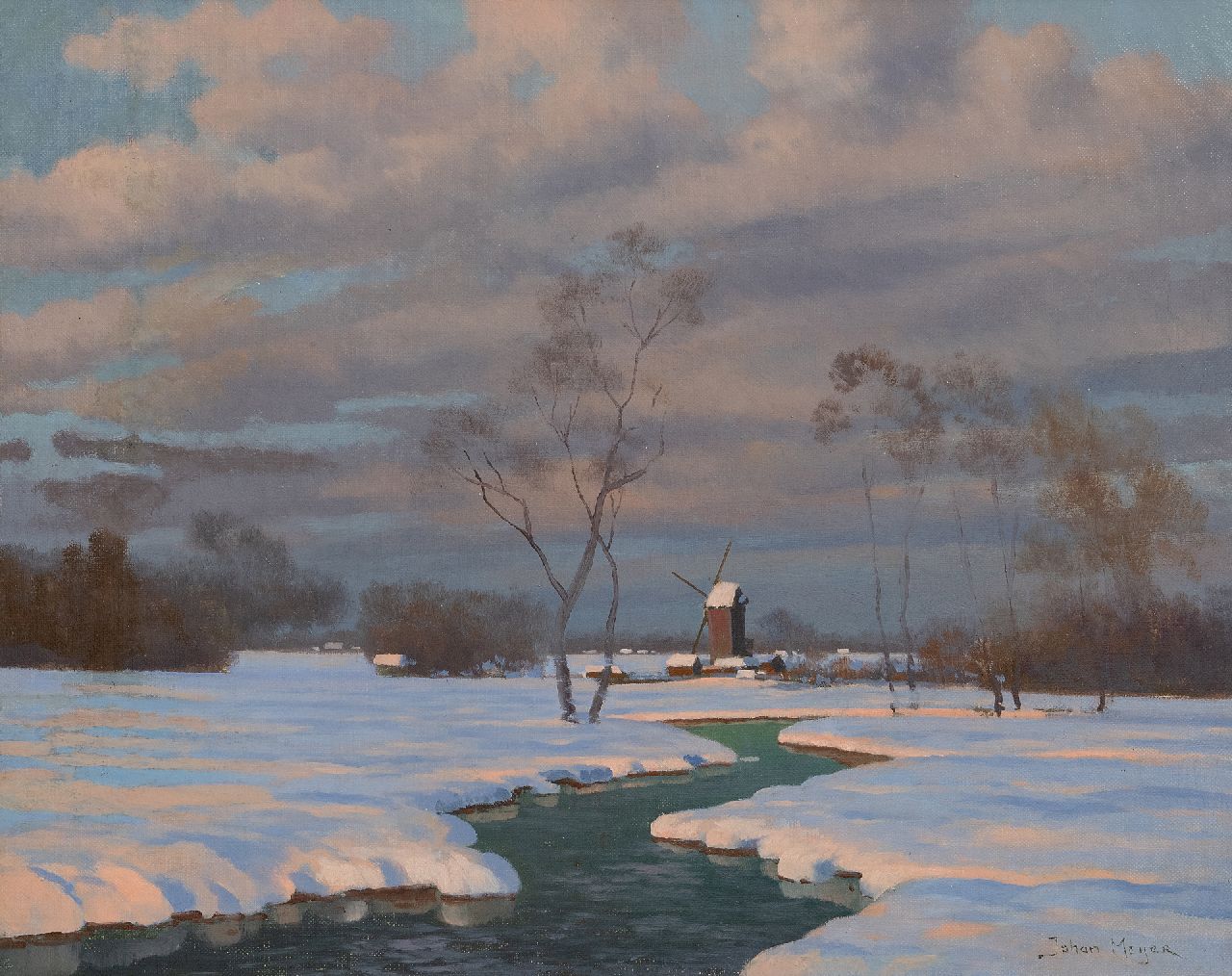 Meijer J. | Johannes 'Johan' Meijer | Schilderijen te koop aangeboden | Sneeuwlandschap met molen, olieverf op doek 40,1 x 50,0 cm, gesigneerd rechtsonder Meijer J. | Johannes 'Johan' Meijer | Schilderijen te koop aangeboden | Sneeuwlandschap met molen, olieverf op doek 40,1 x 50,0 cm, gesigneerd rechtsonder
