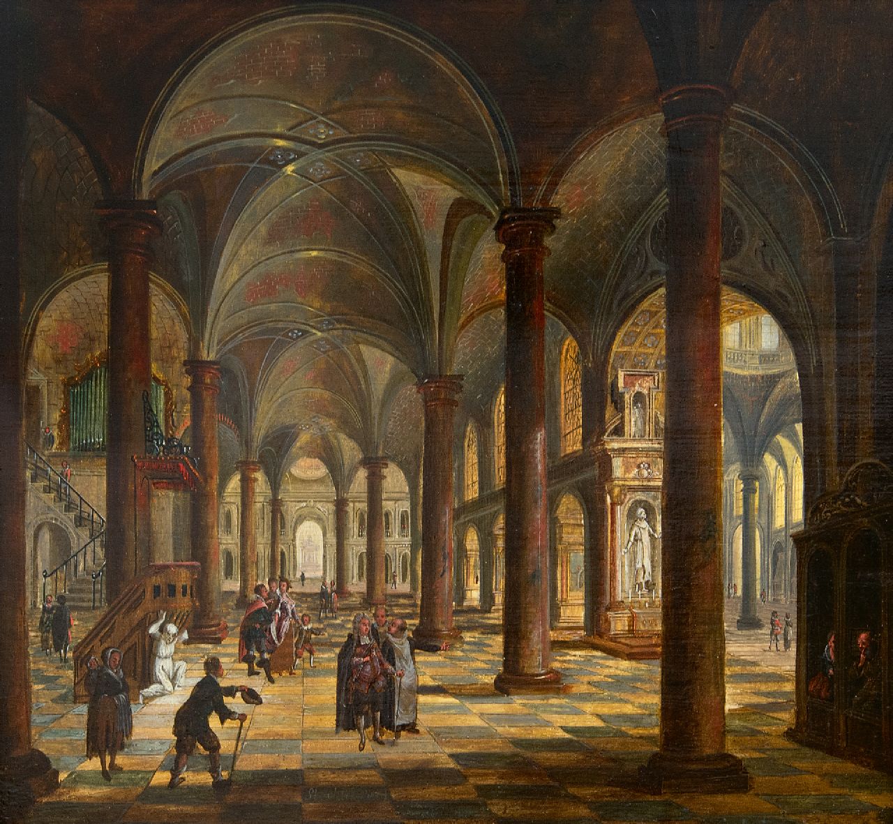 Stöcklin C. | Christian Stöcklin | Schilderijen te koop aangeboden | Kerkinterieur met figuren, olieverf op paneel 27,5 x 30,9 cm, gesigneerd middenonder Stöcklin C. | Christian Stöcklin | Schilderijen te koop aangeboden | Kerkinterieur met figuren, olieverf op paneel 27,5 x 30,9 cm, gesigneerd middenonder