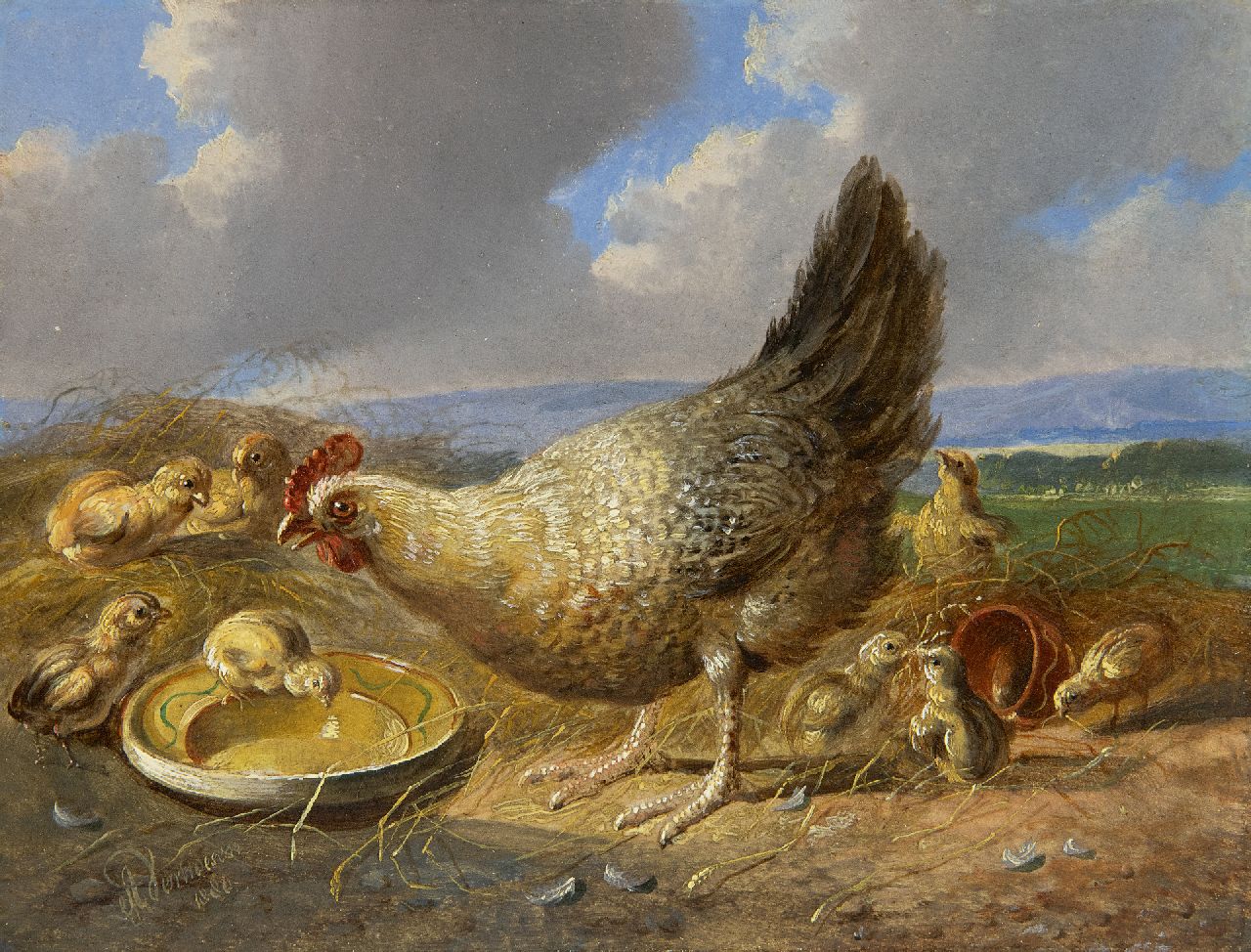Verhoesen A.  | Albertus Verhoesen | Schilderijen te koop aangeboden | Hen met kuikens in weids landschap (tezamen met pendant), olieverf op paneel 14,5 x 19,3 cm, gesigneerd linksonder en gedateerd 1880