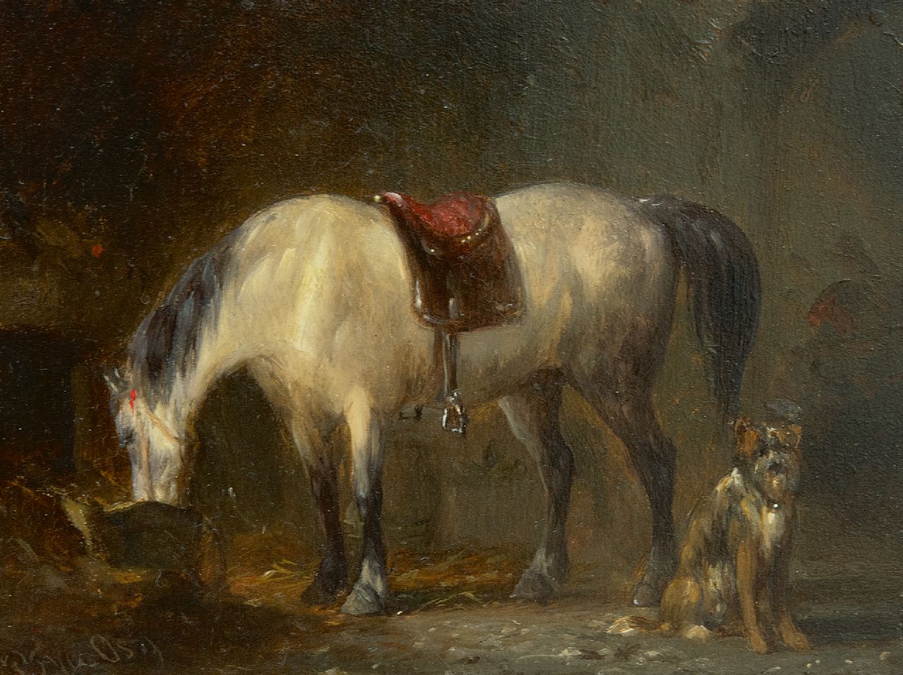 Os P.F. van | Pieter Frederik van Os, In de stal, olieverf op paneel 9,1 x 12,2 cm, gesigneerd linksonder