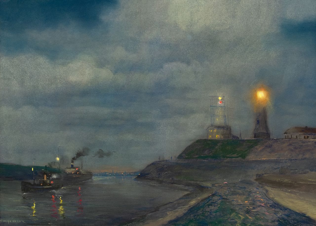 Heijenbrock J.C.H.  | Johan Coenraad Hermann 'Herman' Heijenbrock | Aquarellen en tekeningen te koop aangeboden | Havenmond van IJmuiden in de avond met de vuurtoren en semafoor, pastel op papier 64,5 x 86,5 cm, gesigneerd linksonder