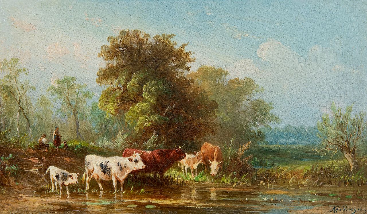 Prooijen A.J. van | Albert Jurardus van Prooijen, Landschap met wadend vee, olieverf op paneel 8,7 x 15,0 cm, gesigneerd rechtsonder Prooijen A.J. van | Albert Jurardus van Prooijen, Landschap met wadend vee, olieverf op paneel 8,7 x 15,0 cm, gesigneerd rechtsonder