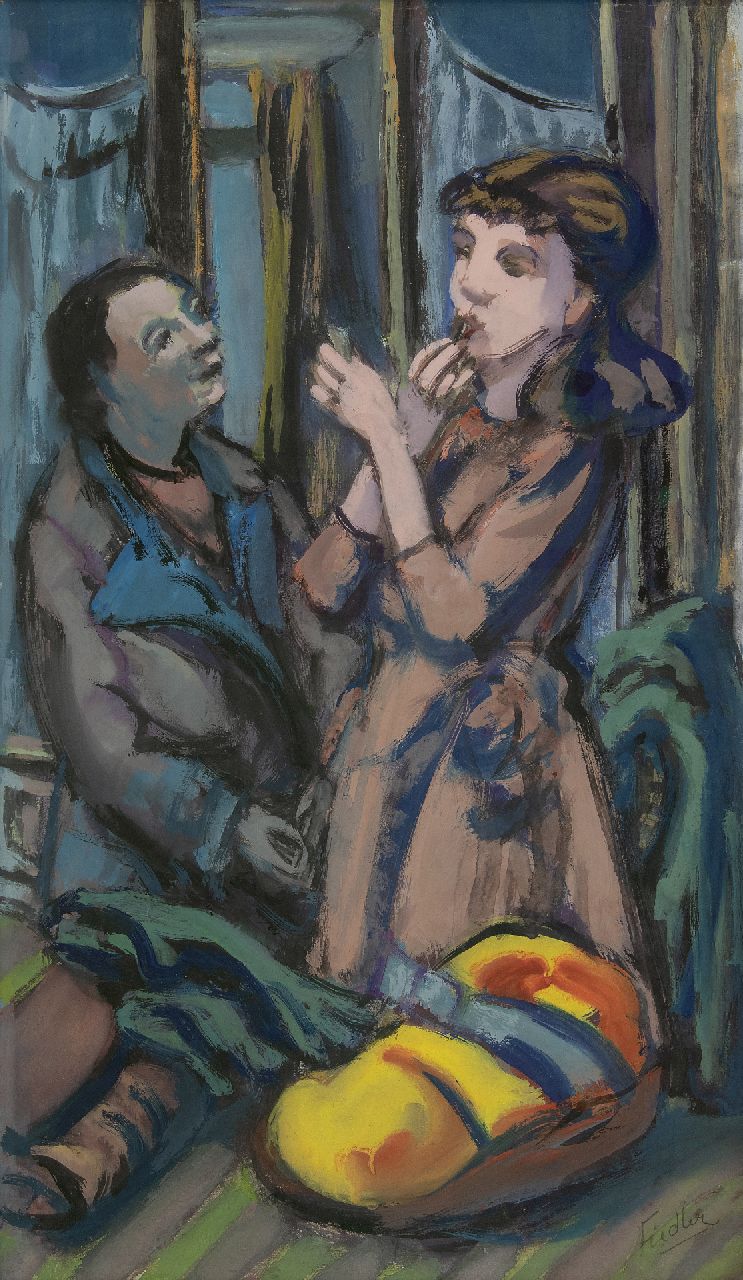 Fiedler O.H. | Otto 'Herbert' Fiedler | Aquarellen en tekeningen te koop aangeboden | Man en vrouw in een café, gouache op papier op board 64,8 x 39,7 cm, gesigneerd rechtsonder Fiedler O.H. | Otto 'Herbert' Fiedler | Aquarellen en tekeningen te koop aangeboden | Man en vrouw in een café, gouache op papier op board 64,8 x 39,7 cm, gesigneerd rechtsonder