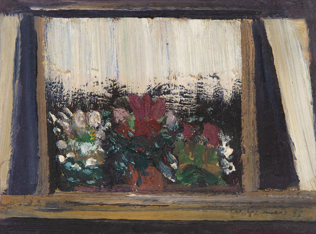 Grassère G. | Gérard Grassère, Bloemen voor een raam, olieverf op board 15,3 x 20,4 cm, gesigneerd rechtsonder en gedateerd '37 Grassère G. | Gérard Grassère, Bloemen voor een raam, olieverf op board 15,3 x 20,4 cm, gesigneerd rechtsonder en gedateerd '37