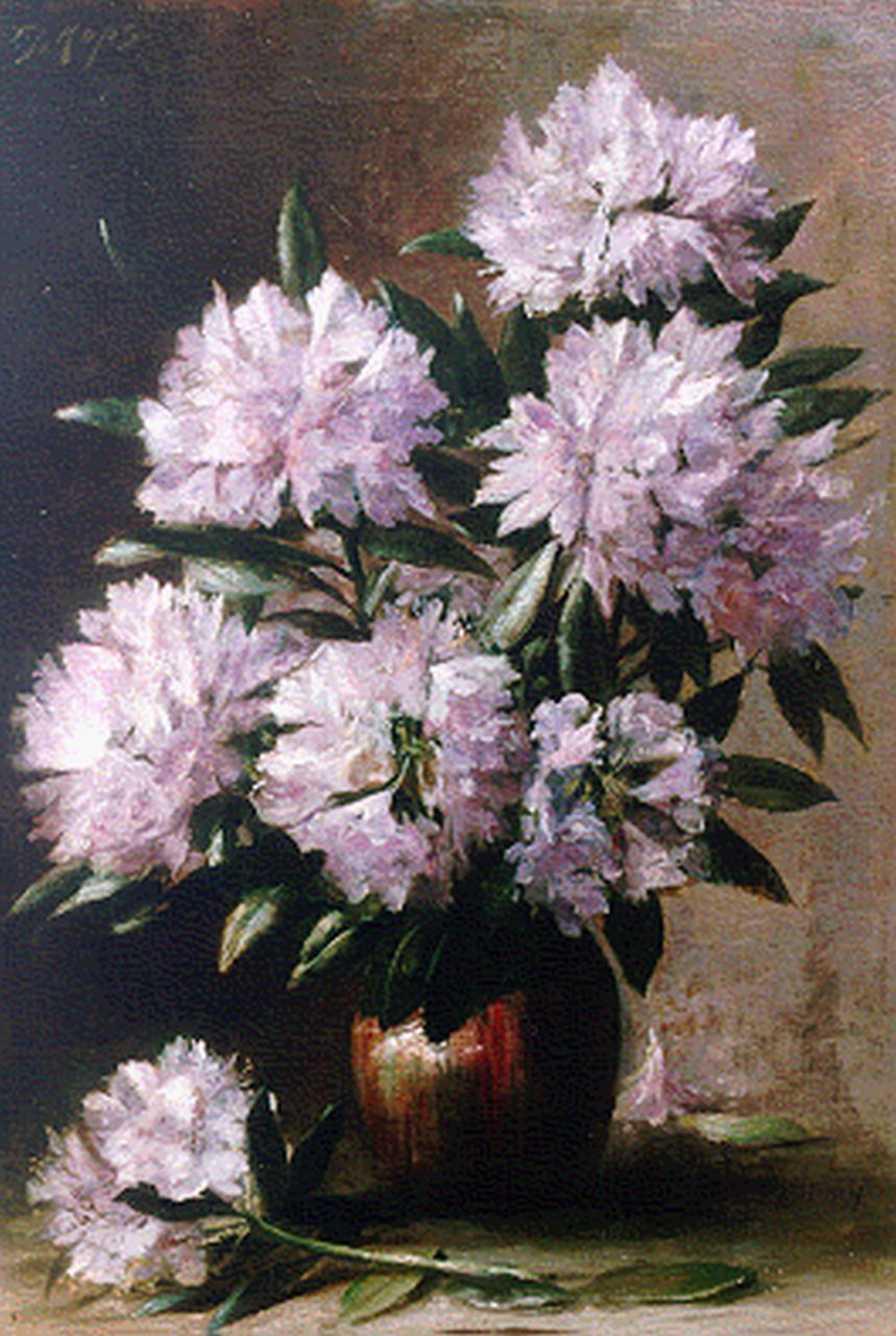 Kops J.F. | Johannes Franciscus 'Frans' Kops, Rhododendrons in een vaas, olieverf op doek 46,5 x 68,5 cm, gesigneerd linksboven en gedateerd 1916 Kops J.F. | Johannes Franciscus 'Frans' Kops, Rhododendrons in een vaas, olieverf op doek 46,5 x 68,5 cm, gesigneerd linksboven en gedateerd 1916