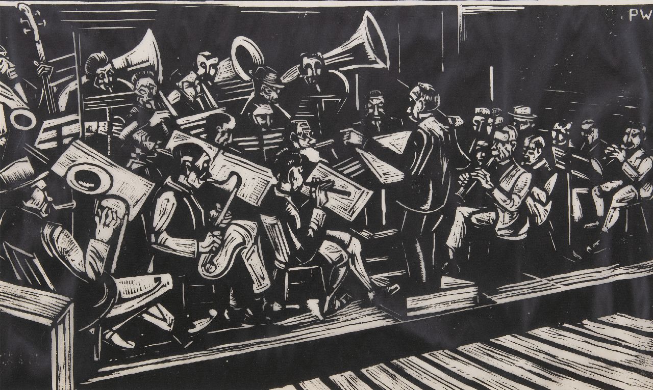 Wiegman P.C.C.  | Petrus Cornelus Constant 'Piet' Wiegman, De Koninklijke Harmonie van Thorn, houtsnede 33,0 x 53,5 cm, gesigneerd rechtsboven met initialen in het blok en te dateren ca. 1925