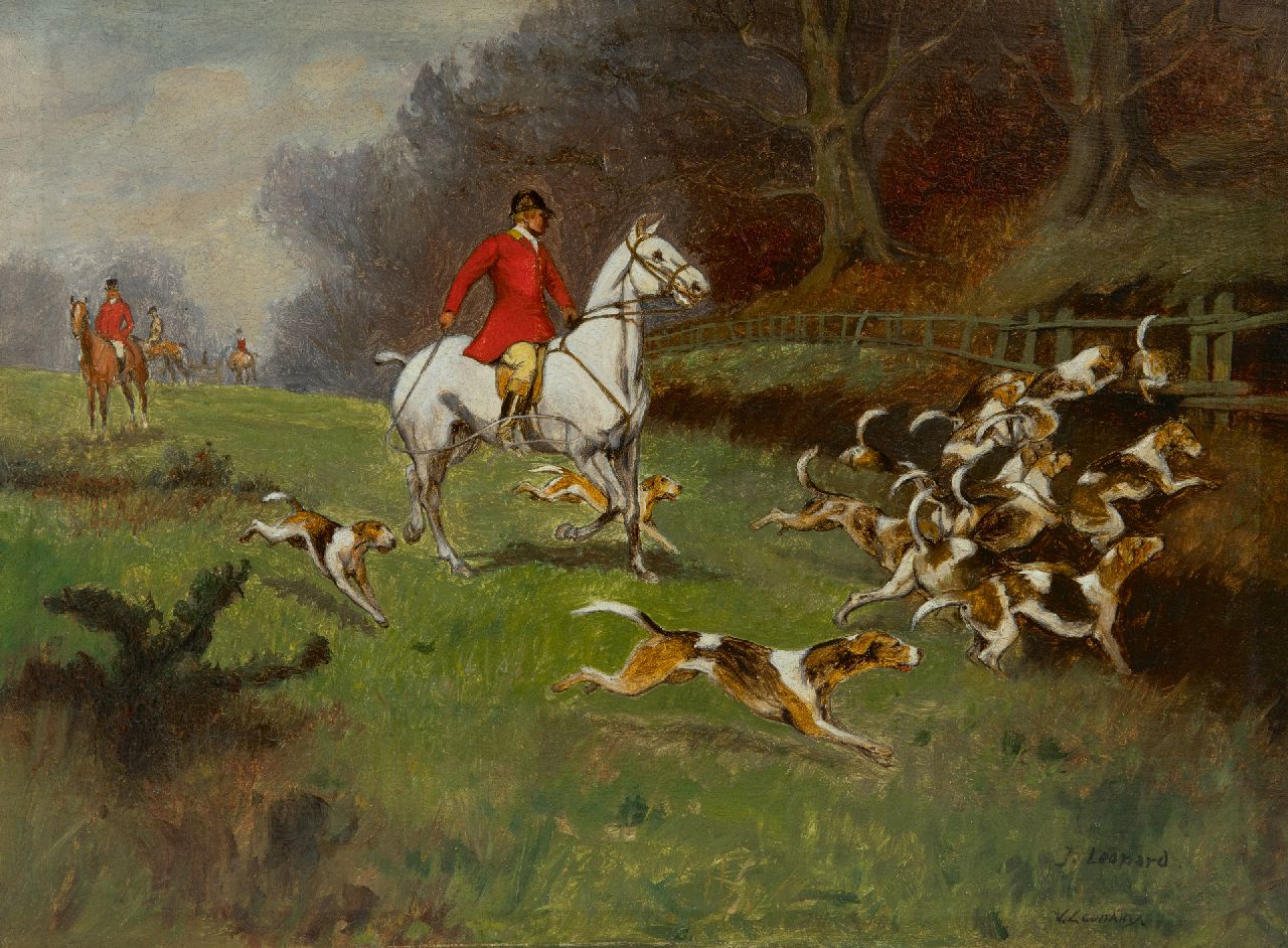 Leonard J.  | J. Leonard | Schilderijen te koop aangeboden | Vossenjacht, olieverf op paneel 24,1 x 32,6 cm, gesigneerd rechtsonder