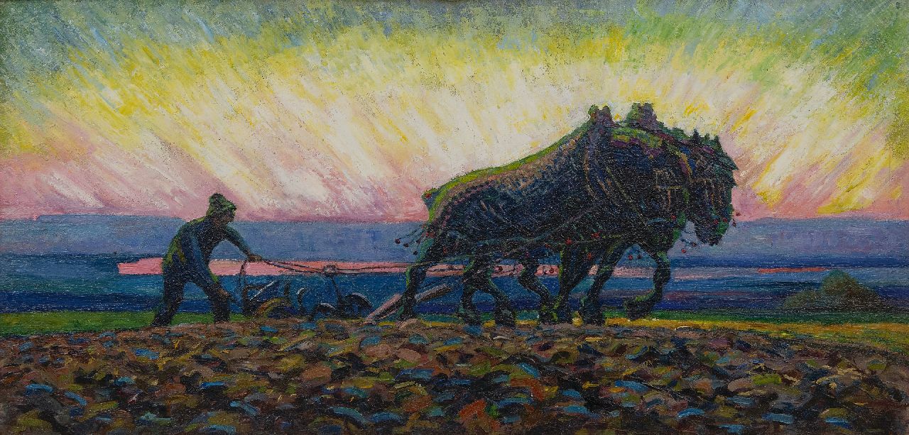 Gouwe A.H. | Adriaan Herman Gouwe, Ploegende paarden bij zonsopkomst, olieverf op doek 47,9 x 98,9 cm Gouwe A.H. | Adriaan Herman Gouwe, Ploegende paarden bij zonsopkomst, olieverf op doek 47,9 x 98,9 cm
