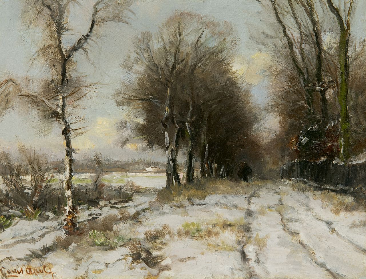 Apol L.F.H.  | Lodewijk Franciscus Hendrik 'Louis' Apol, Houtsprokkelaarster op een besneeuw pad, olieverf op paneel 21,8 x 28,1 cm, gesigneerd linksonder