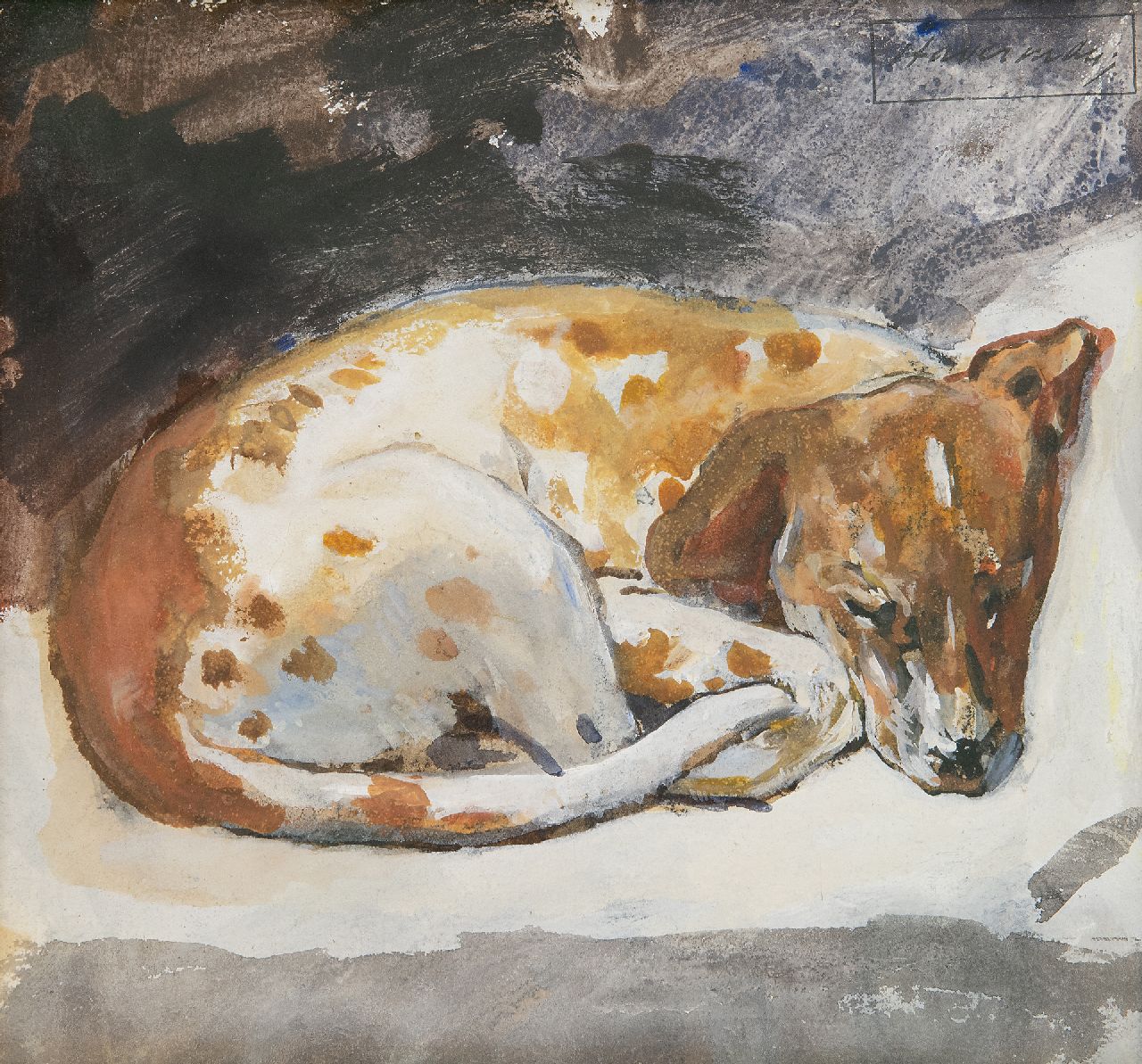 Haverman H.J.  | Hendrik Johannes Haverman, Slapend hondje, aquarel en gouache op papier 16,4 x 18,0 cm, gesigneerd rechtsboven met atelierstempel