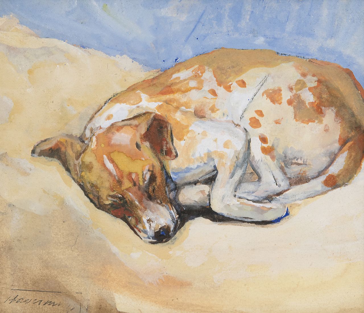 Haverman H.J.  | Hendrik Johannes Haverman, Slapend hondje, aquarel en gouache op papier 15,7 x 18,4 cm, gesigneerd linksonder met atelierstempel