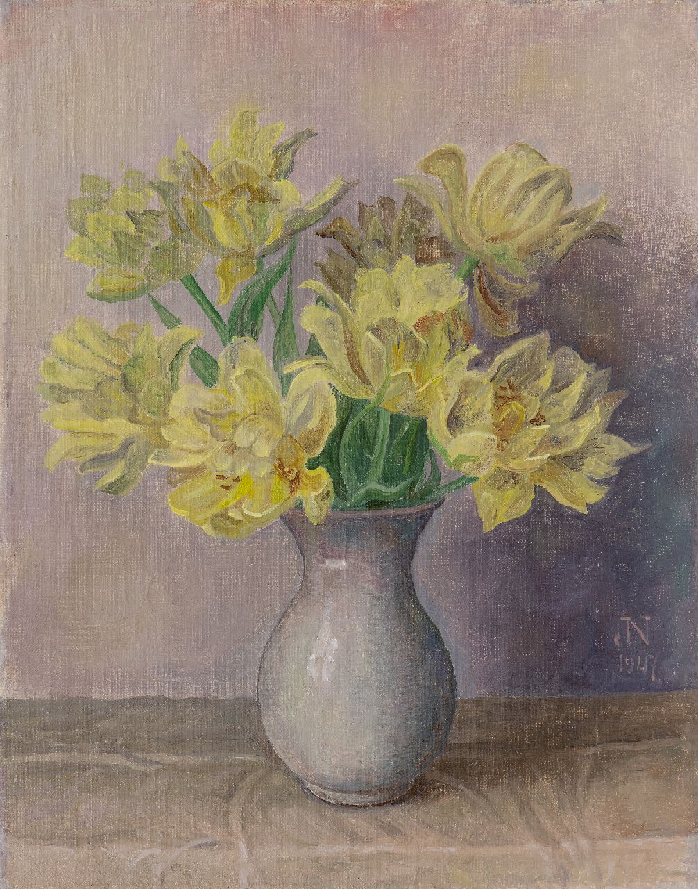 Nieweg J. | Jakob Nieweg | Schilderijen te koop aangeboden | Gele tulpen, olieverf op doek 45,2 x 35,4 cm, gesigneerd rechtsonder met monogram en gedateerd 1947, zonder lijst Nieweg J. | Jakob Nieweg | Schilderijen te koop aangeboden | Gele tulpen, olieverf op doek 45,2 x 35,4 cm, gesigneerd rechtsonder met monogram en gedateerd 1947, zonder lijst