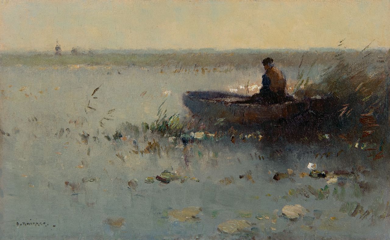 Knikker A.  | Aris Knikker | Schilderijen te koop aangeboden | Visser in roeibootje tussen het riet, olieverf op paneel 22,0 x 35,0 cm, gesigneerd linksonder en zonder lijst