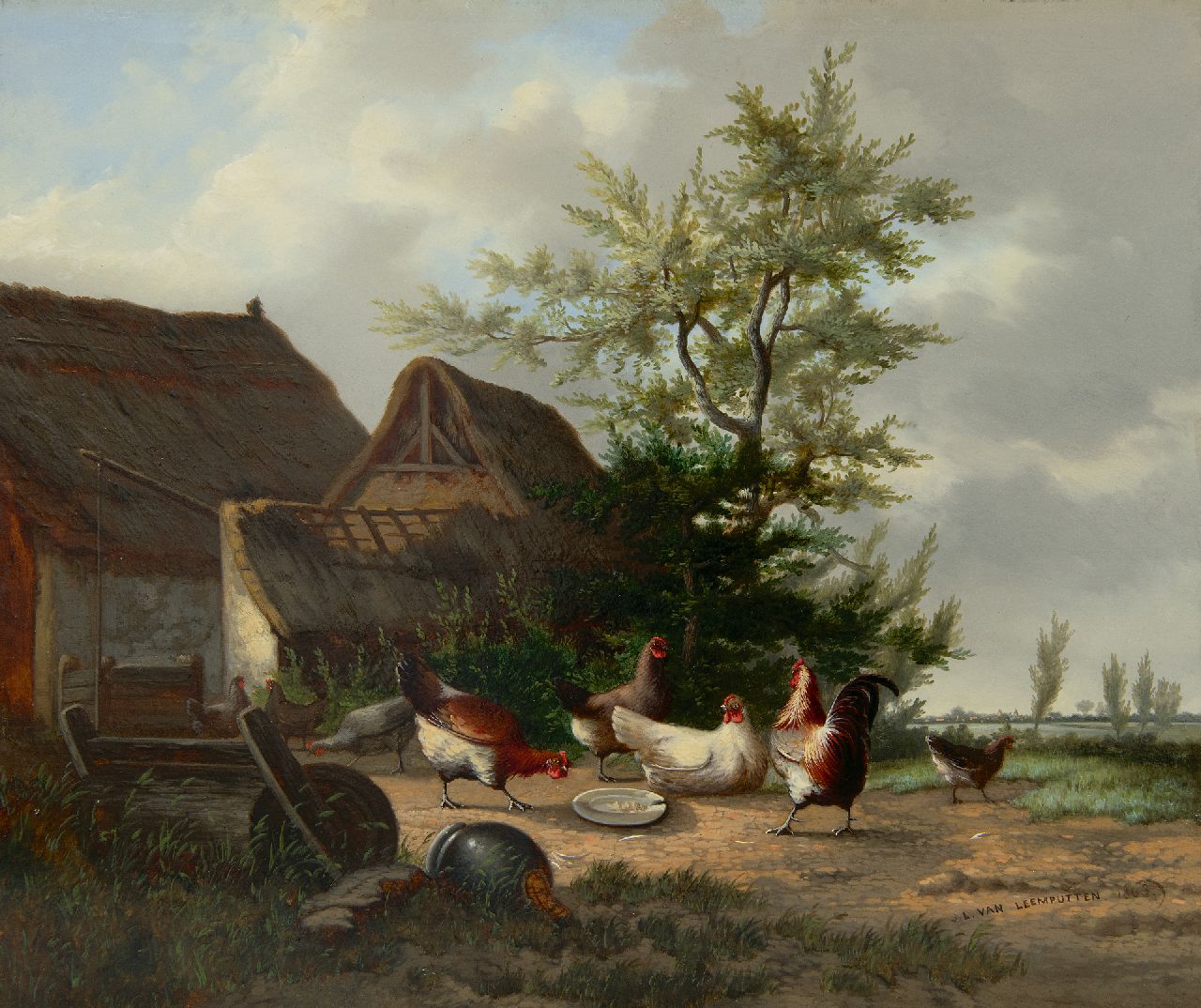 Leemputten J.L. van | Jean-Baptiste Leopold van Leemputten | Schilderijen te koop aangeboden | Boerenerf met haan en kippen, olieverf op paneel 28,1 x 33,7 cm, gesigneerd rechtsonder en gedateerd 1863 Leemputten J.L. van | Jean-Baptiste Leopold van Leemputten | Schilderijen te koop aangeboden | Boerenerf met haan en kippen, olieverf op paneel 28,1 x 33,7 cm, gesigneerd rechtsonder en gedateerd 1863