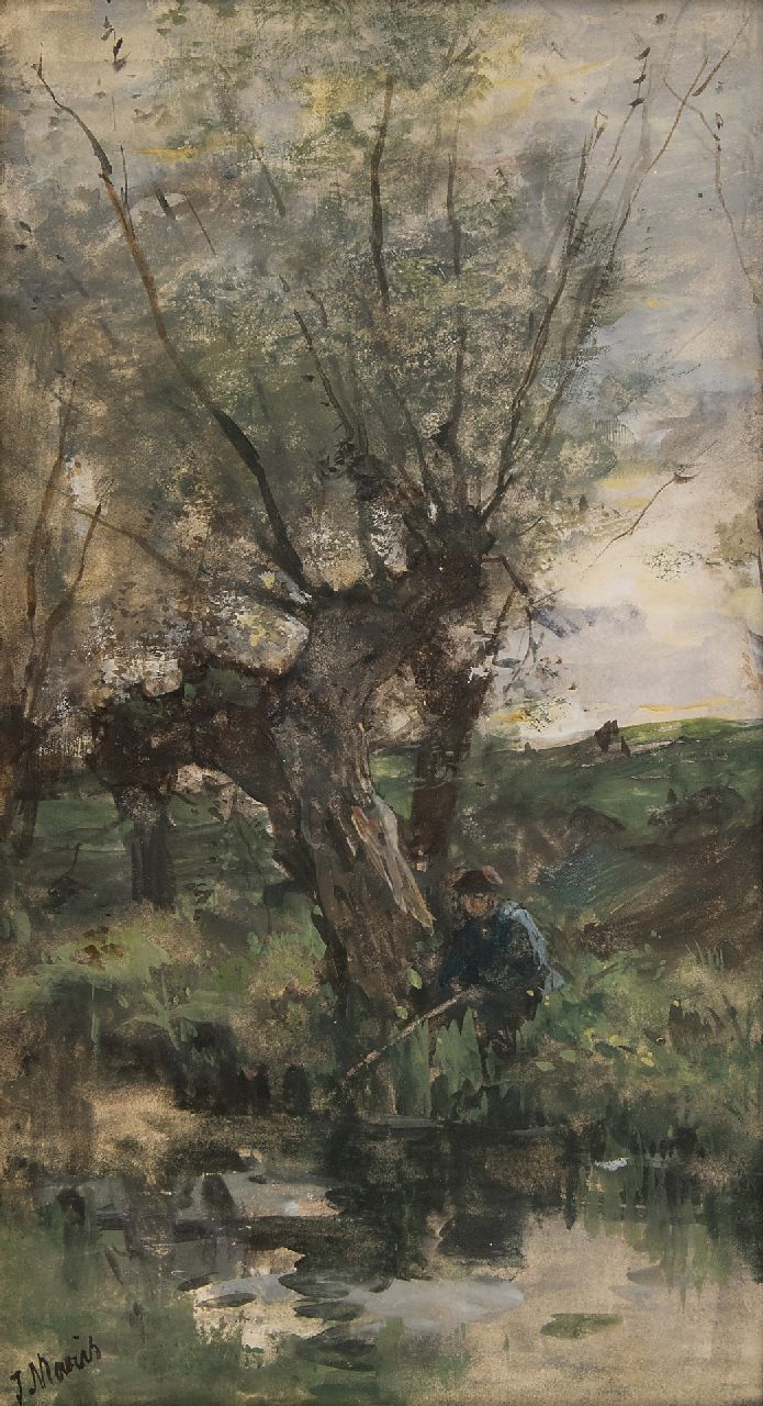Maris J.H.  | Jacobus Hendricus 'Jacob' Maris, Hengelaar aan een slootje, aquarel op papier 29,5 x 16,5 cm, gesigneerd linksonder