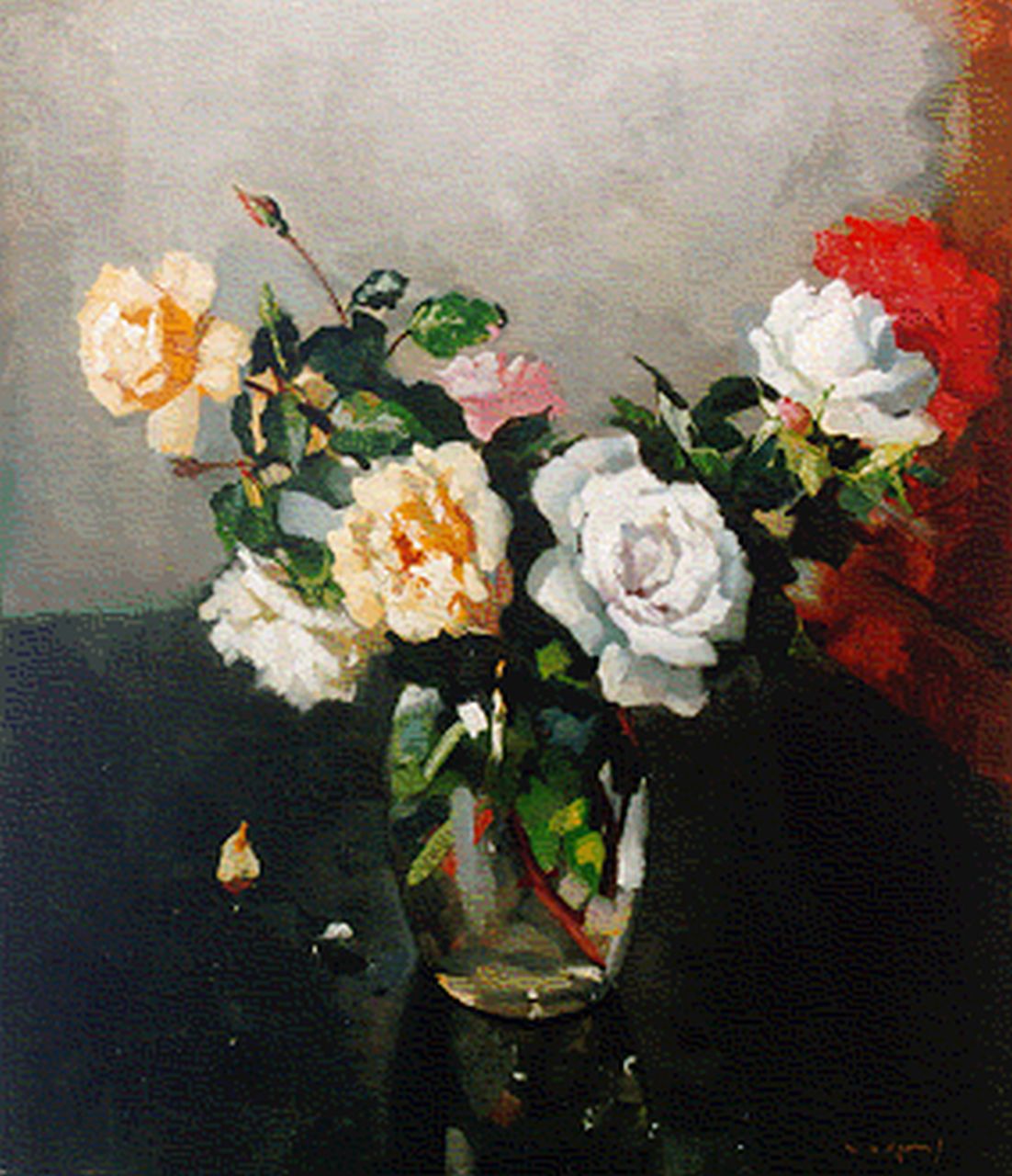 Groen H.P. | Hendrik Pieter 'Piet' Groen, Rozen in een glazen vaas, olieverf op doek 70,3 x 60,3 cm, gesigneerd rechtsonder Groen H.P. | Hendrik Pieter 'Piet' Groen, Rozen in een glazen vaas, olieverf op doek 70,3 x 60,3 cm, gesigneerd rechtsonder