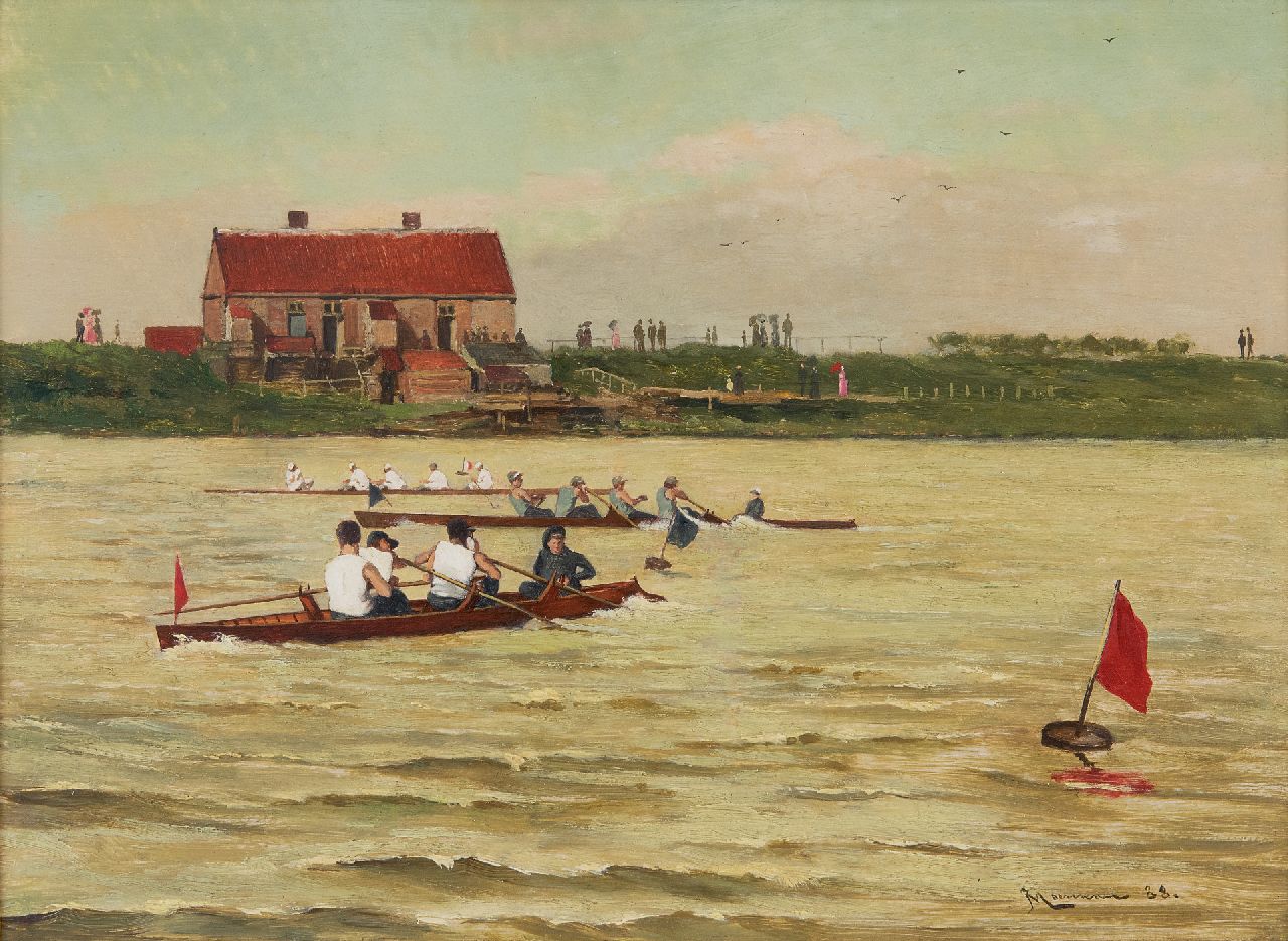 Moerman J.L.  | Johannes Lodewijk 'Jan Ludovicus' Moerman | Schilderijen te koop aangeboden | Roeiwedstrijd van gestuurde vier, olieverf op paneel 24,5 x 33,1 cm, gesigneerd rechtsonder en gedateerd '88